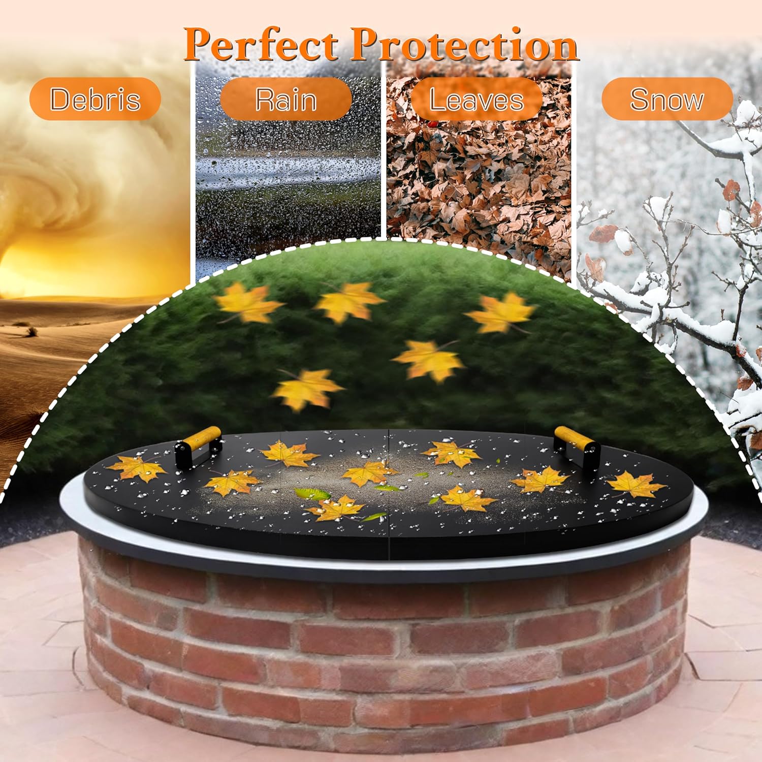 42” Fire Pit Cover Lid Round - Fit for 40” Round Fire Pit Lid for Outdoor Fireplace Cover Lid Steel fire pit metal cover W/ 2 Wooden Handles & Heat Resistant Snuffer Lid for Patio Fire Pit Ring