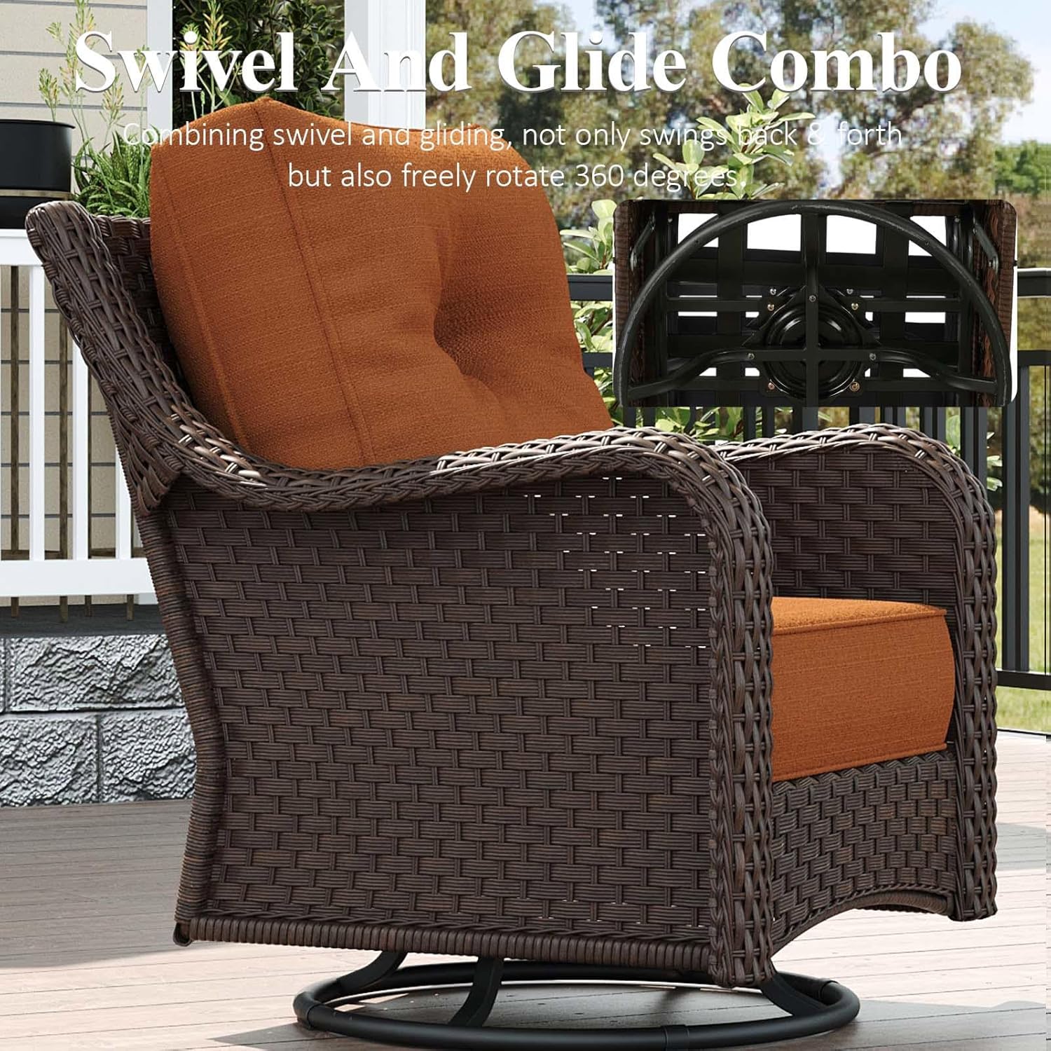 LayinSun 8 Piece Wicker Outdoor Furniture Set with 6-inch Comfy Cushions, High Back Patio Furniture Set with Swivel Rocking Chairs and Fire Pit Table
