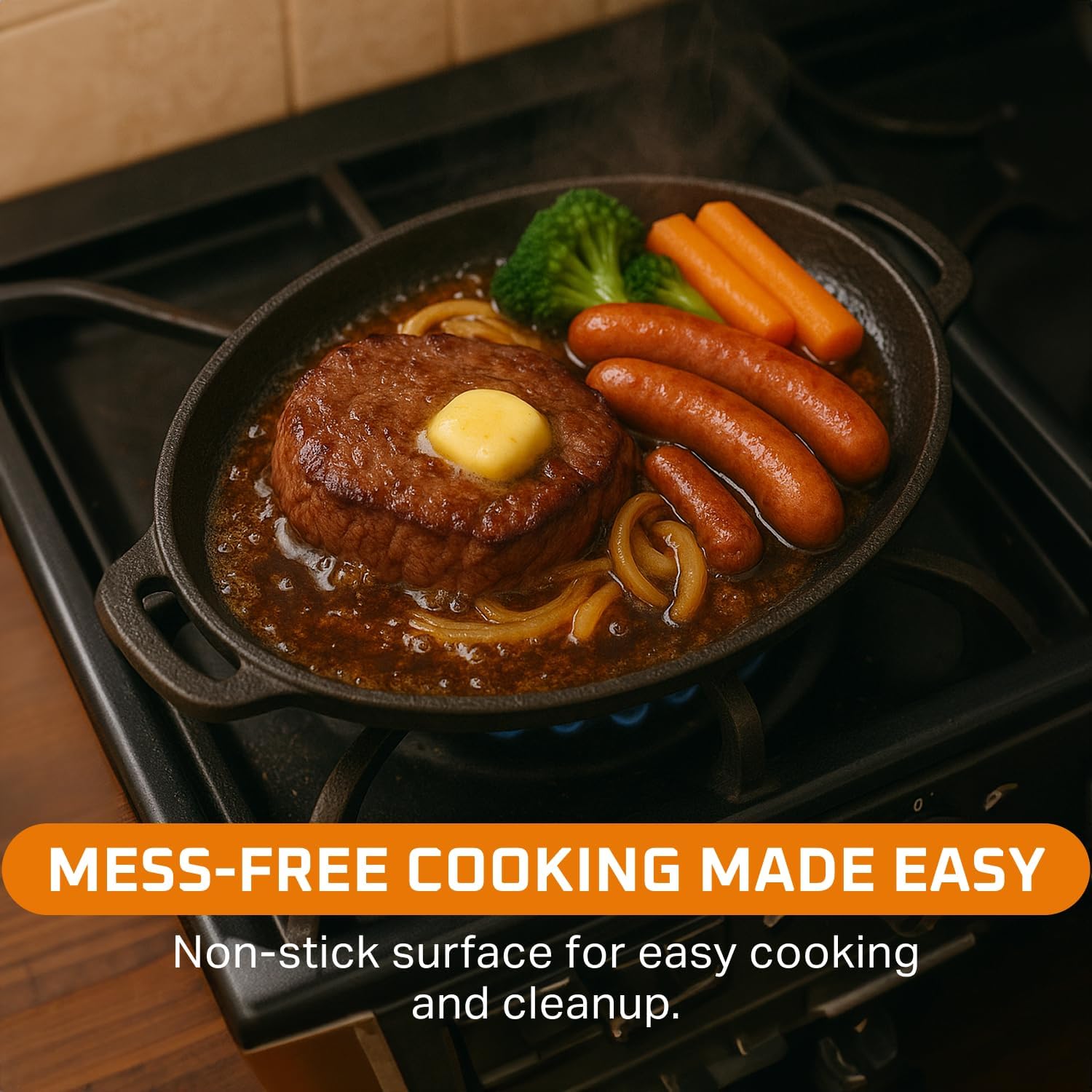 Bruntmor 6.8 Quart Cast Iron Skillet with Reversible Grill Griddle Lid - 3-in-1 Round Cast Iron Pan for Frying, Grilling, Dutch Oven Cooking - Roasting Pan with Lid, Camping Cookware, Black