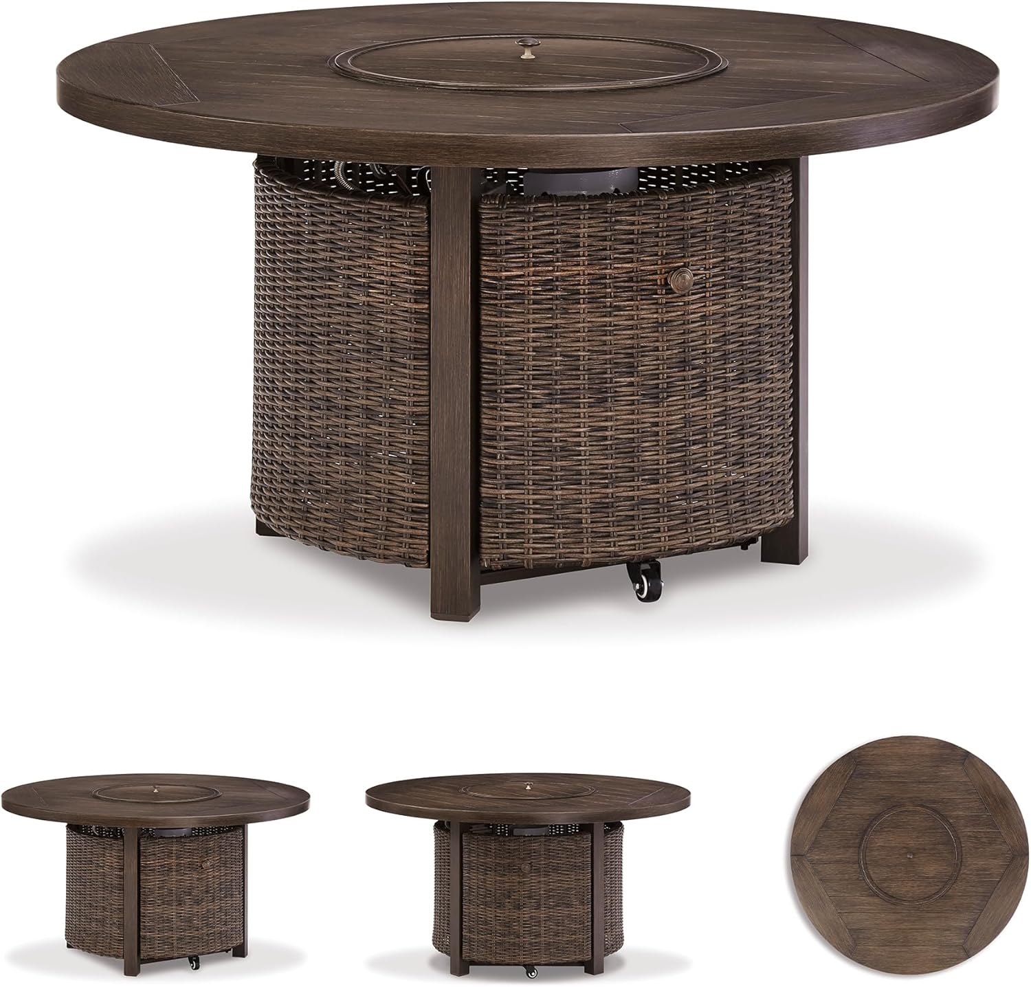 Signature Design by Ashley Paradise Trail Outdoor Round Wicker Patio Fire Pit Table, Brown
