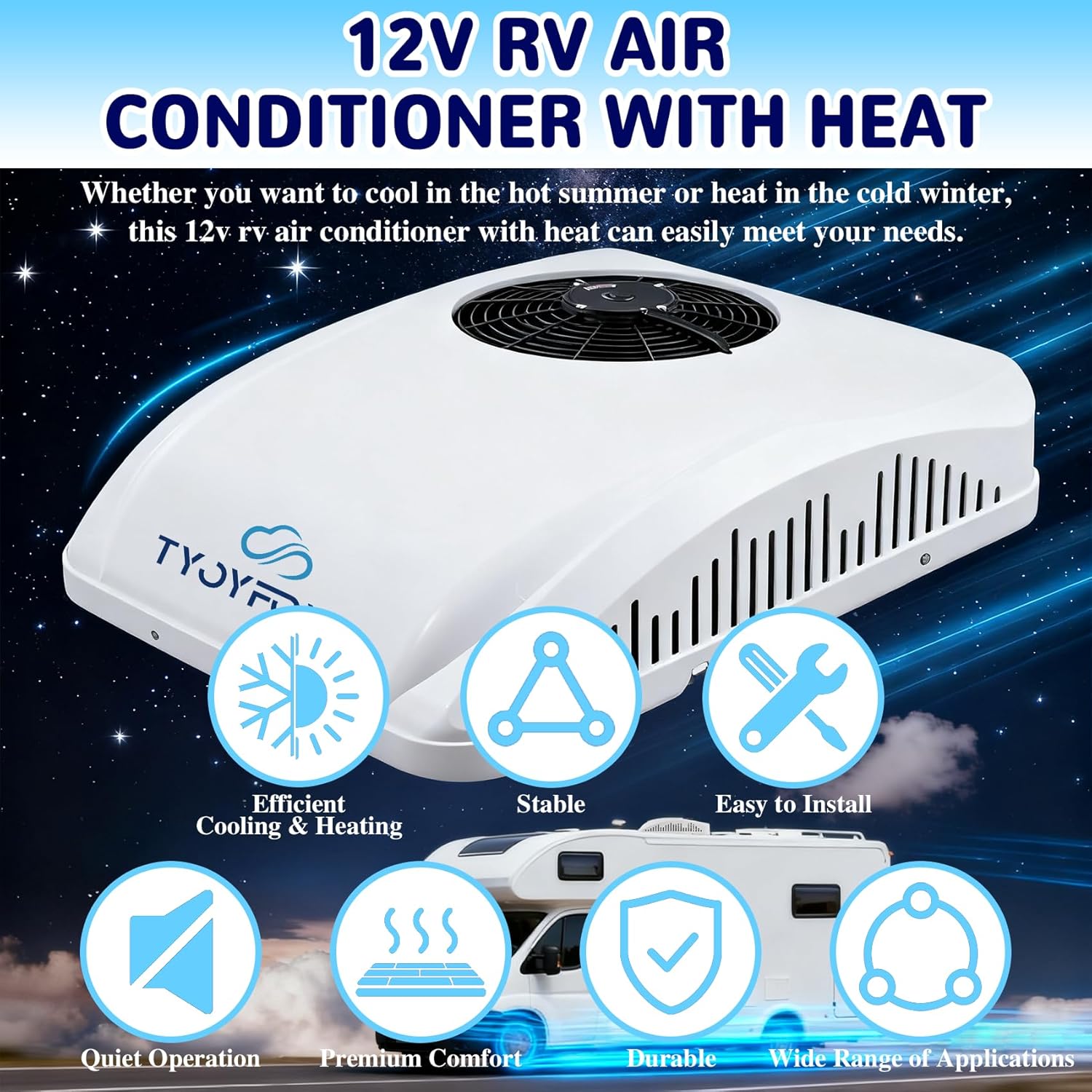 12V DC RV Air Conditioner 8500 BTU Ultra-Quiet AC, Fast Cooling and Heating Rooftop RV AC Unit, Easy Install Non-Ducted RV A/C Kit for RVs, Trailers, Campers, Truck (12V, Battery Powered)