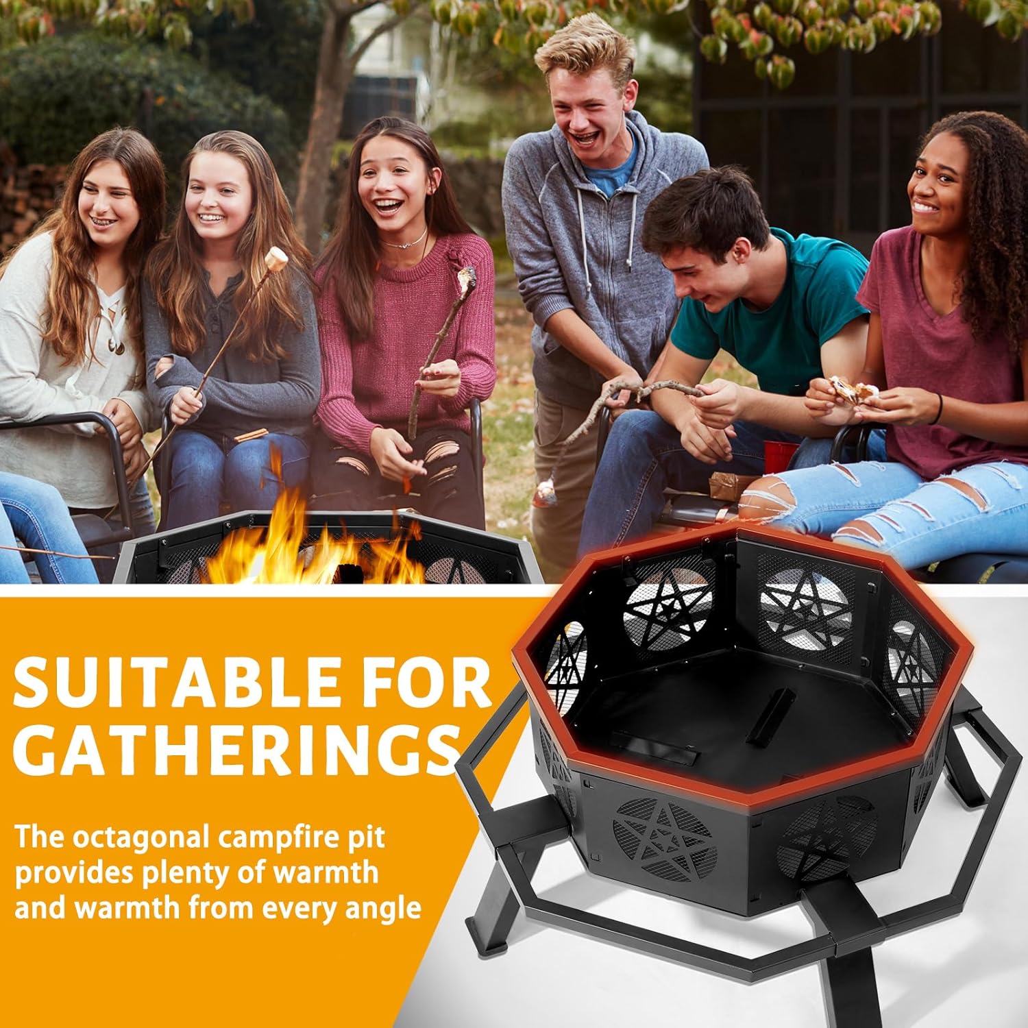 35 Inch Outdoor Fire Pit, Octagonal Alloy Steel Fire Bowl with Ventilation Bottom, Cutout Wall for Better Airflow, 4 Riser Protection, Foot Pedals, and Poker for Patio, Backyard, and Garden Bonfires