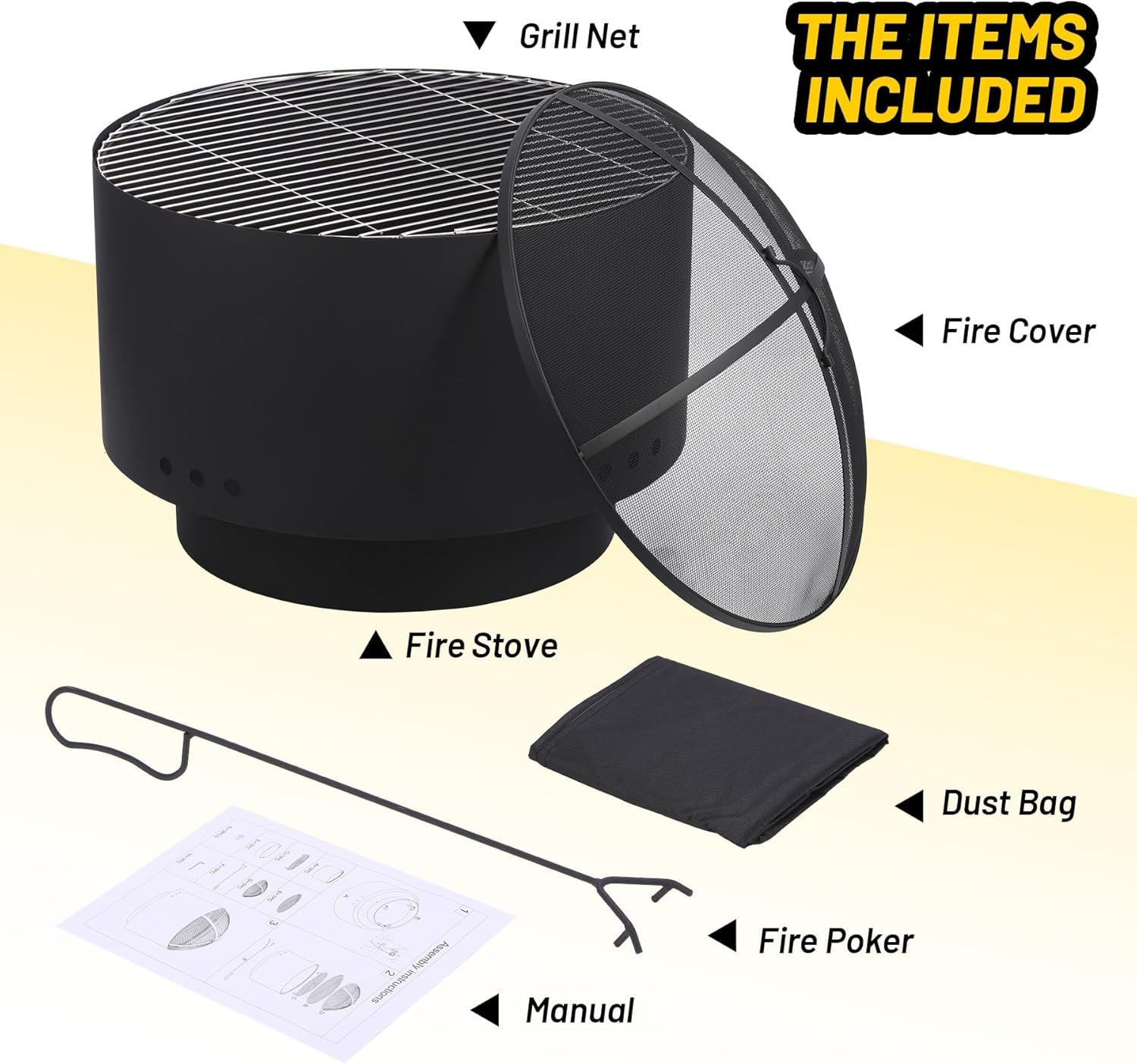 26 Inch Outdoor Fire Pit with Grill&Fire Cover,Smokeless Outdoor Fireplace with Carrying Bag and Fire Poker, Wood Burning Fire Pits for BBQ, Bonfire, Camping, Backyard, Patio, Picnic