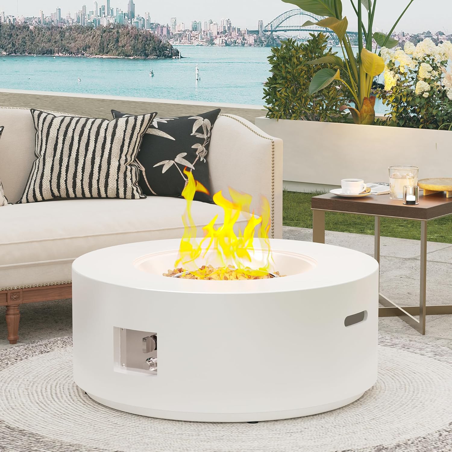 32.5 Inch Propane Fire Pit Table, 50,000 BTU Round Patio Fire Pit Table Outdoor, CSA Certified, Stainless Burner with Steel Lid, Waterproof Cover & Lava Rocks, for Backyard Garden, White