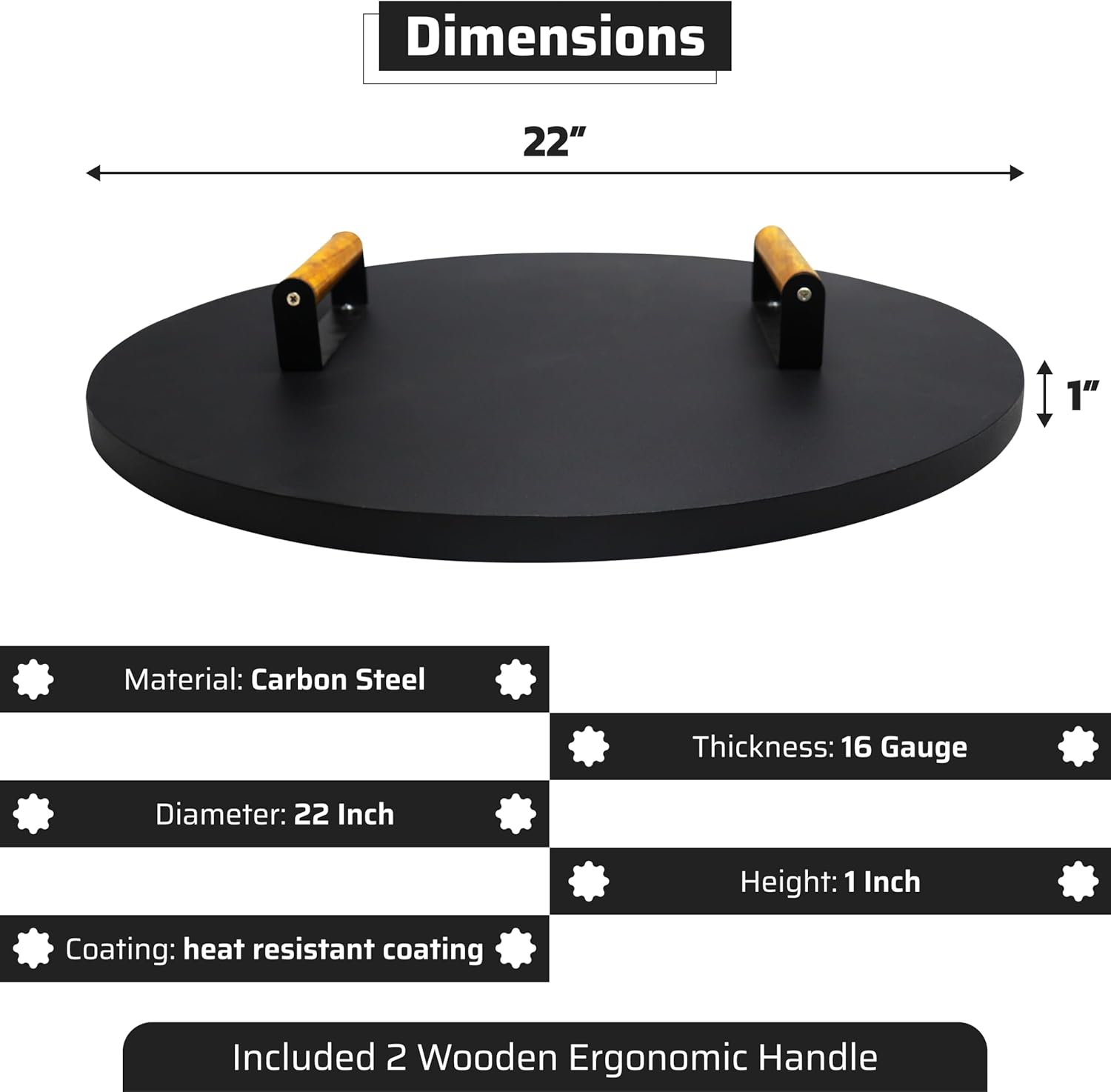 22” Round Fire Pit Lid – Heat Resistant fire pit cover round metal for Outdoor Fireplace 16 Gauge Steel Flat Fire Pit Burner Pan Cover with 2 Wooden Handles Snuffer Lid for Round Patio Fire Pit Ring