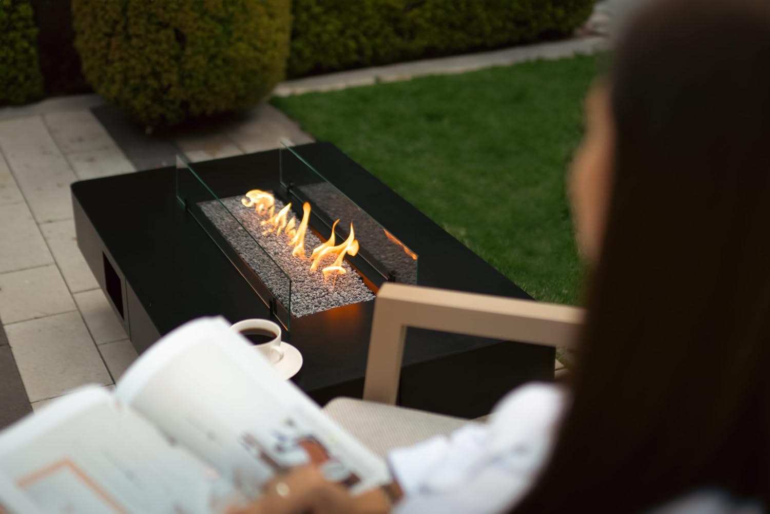 Planika Rio Table - Outdoor Fireplace, Propane-Fueled Fire Pit Table, Black Glass Top - Cover Included (Optional - Gas Tank Cover)