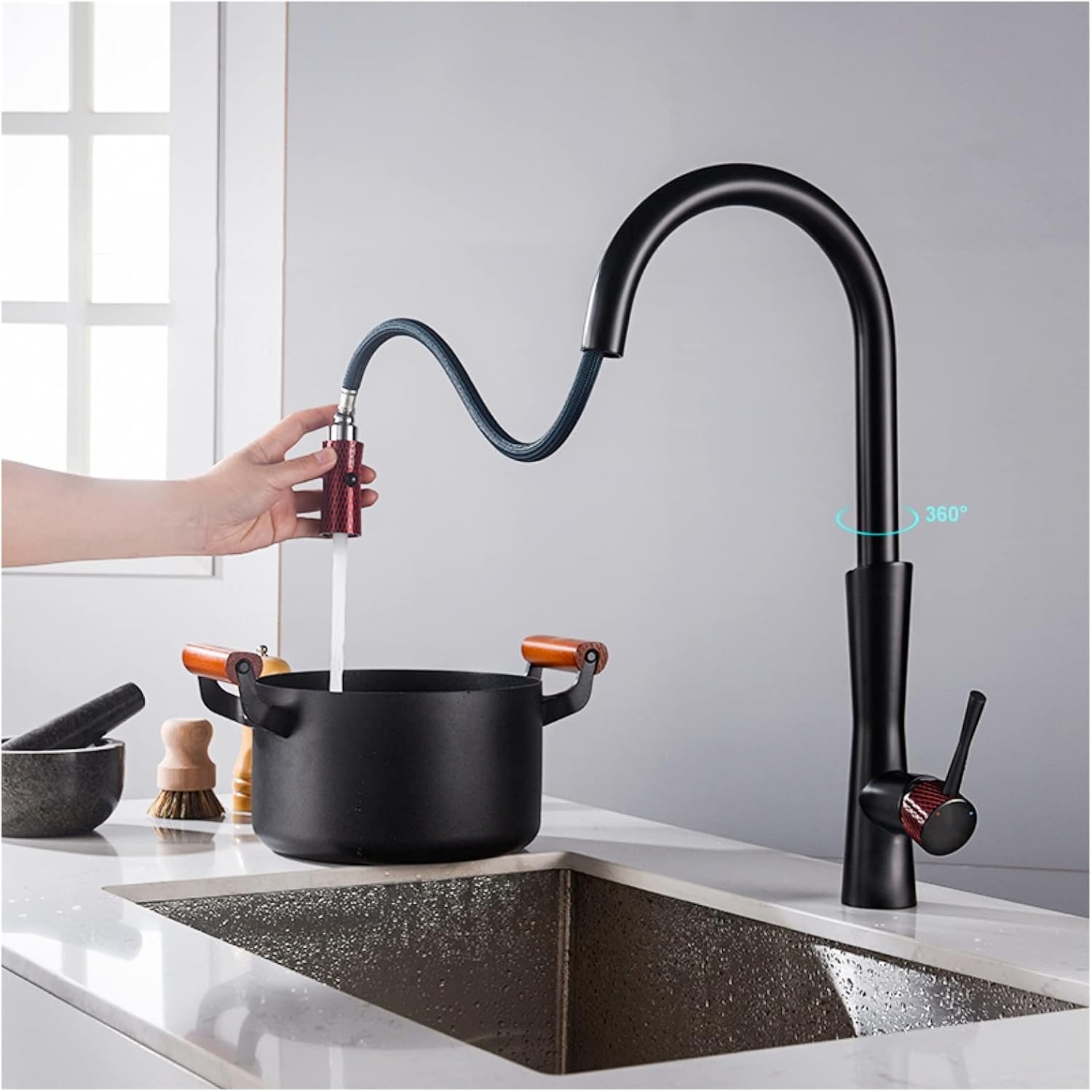 All Copper Casting Kitchen Faucet Dual-Mode Outlet Water Cooling and Heating Dual Control Single Handle Design Sink Faucet(Color:Brushed Grey)