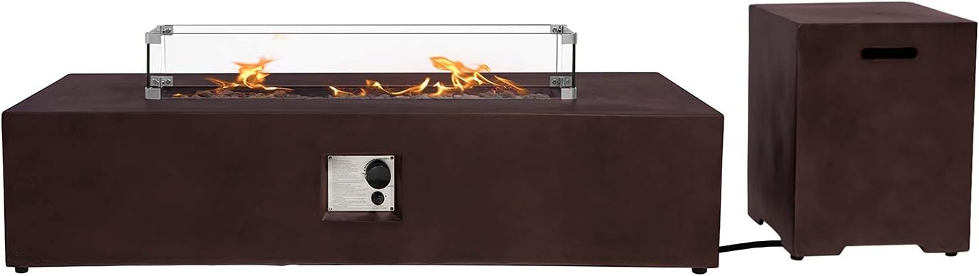 AQUILLA Propane Fire Pit, Smokeless w Tank Cover Table 3 Pieces, Rectangular Brown Color 50000 BTU Burner w Glass Wind Guard, Free Lava Rock for Poolside, Porch, Garden