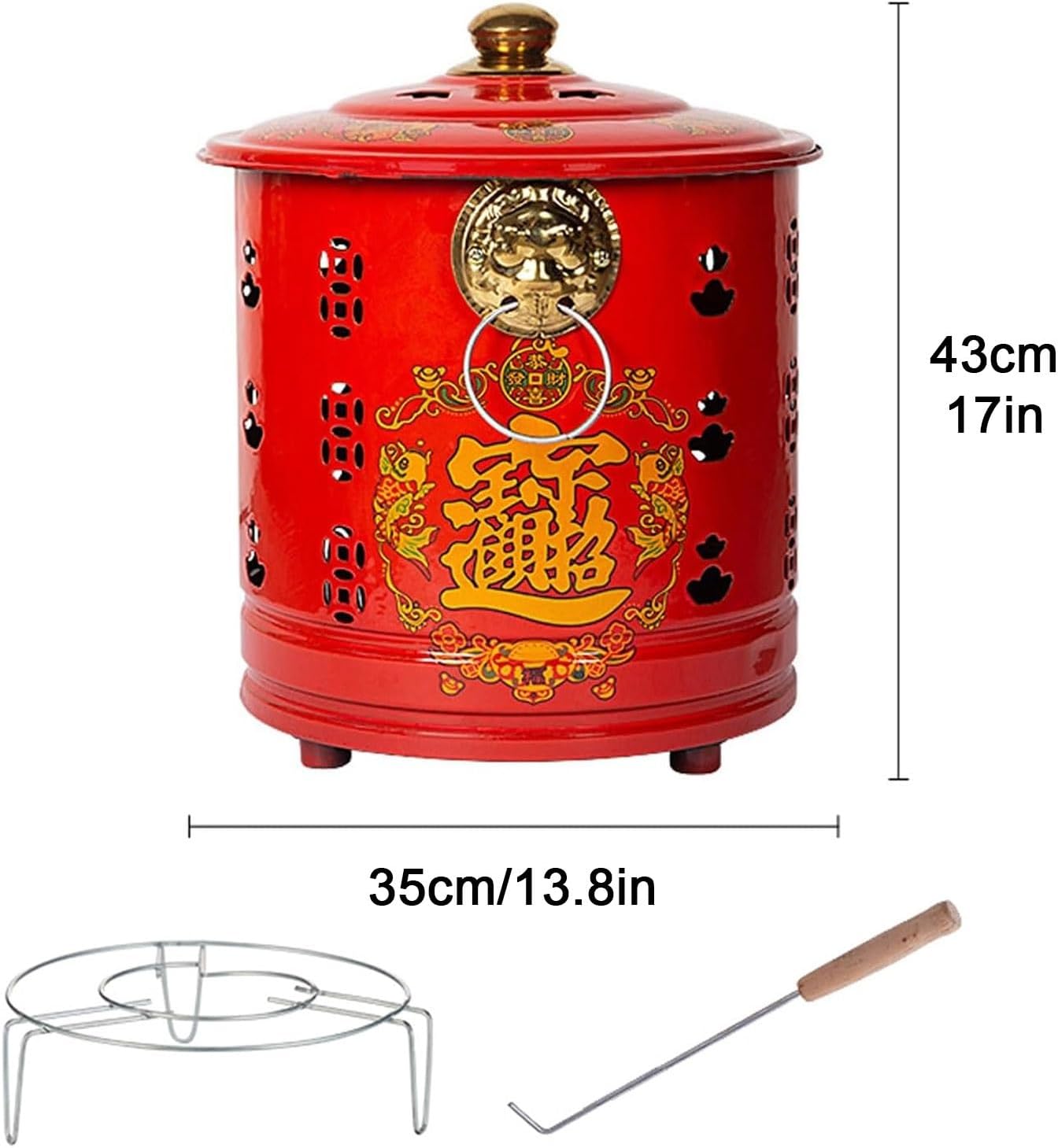 Burn Barrel with Lid Outdoor Fire Pits 10 12 14 16 18in Garden Incineration Barrel Burn Barrel Trash Including Grid Frame Fire Hook Liner Winter Wood Stoves Burning Scripture Barrel Red(13.8in)
