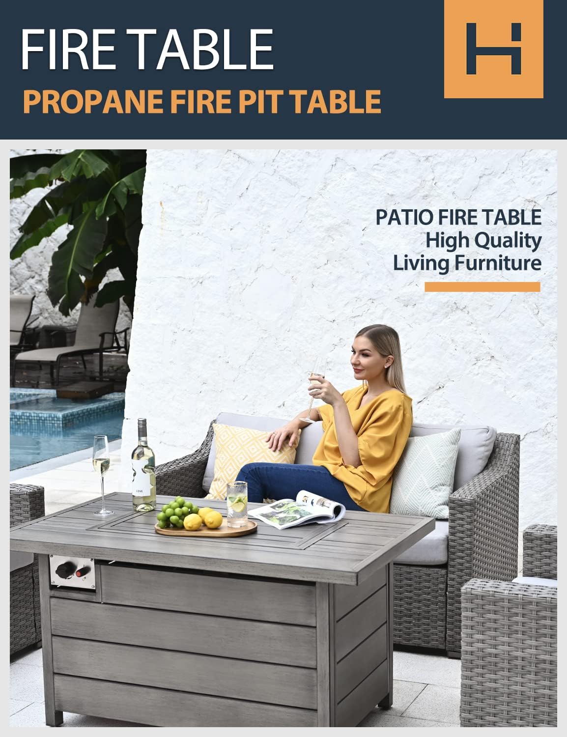 Propane Fire Pit Table, HAPPATIO 48inch 50000 BTU Gas Fire Pit with Aluminum Slats Table Top, Lid, Black Glass Rock, Aluminum Fire Table,CSA Safety Certified for Outside Patio(Gray)