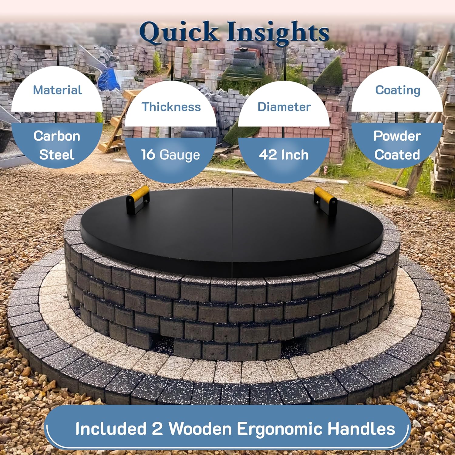 42” Round Fire Pit Lid – Heat Resistant Fire Pit Cover Lid Round for Outdoor Fireplace -16 Gauge Steel Flat Fire Pit Burner Pan Cover with Dual Wooden Handles Snuffer Lid for Patio Fire Pit Ring