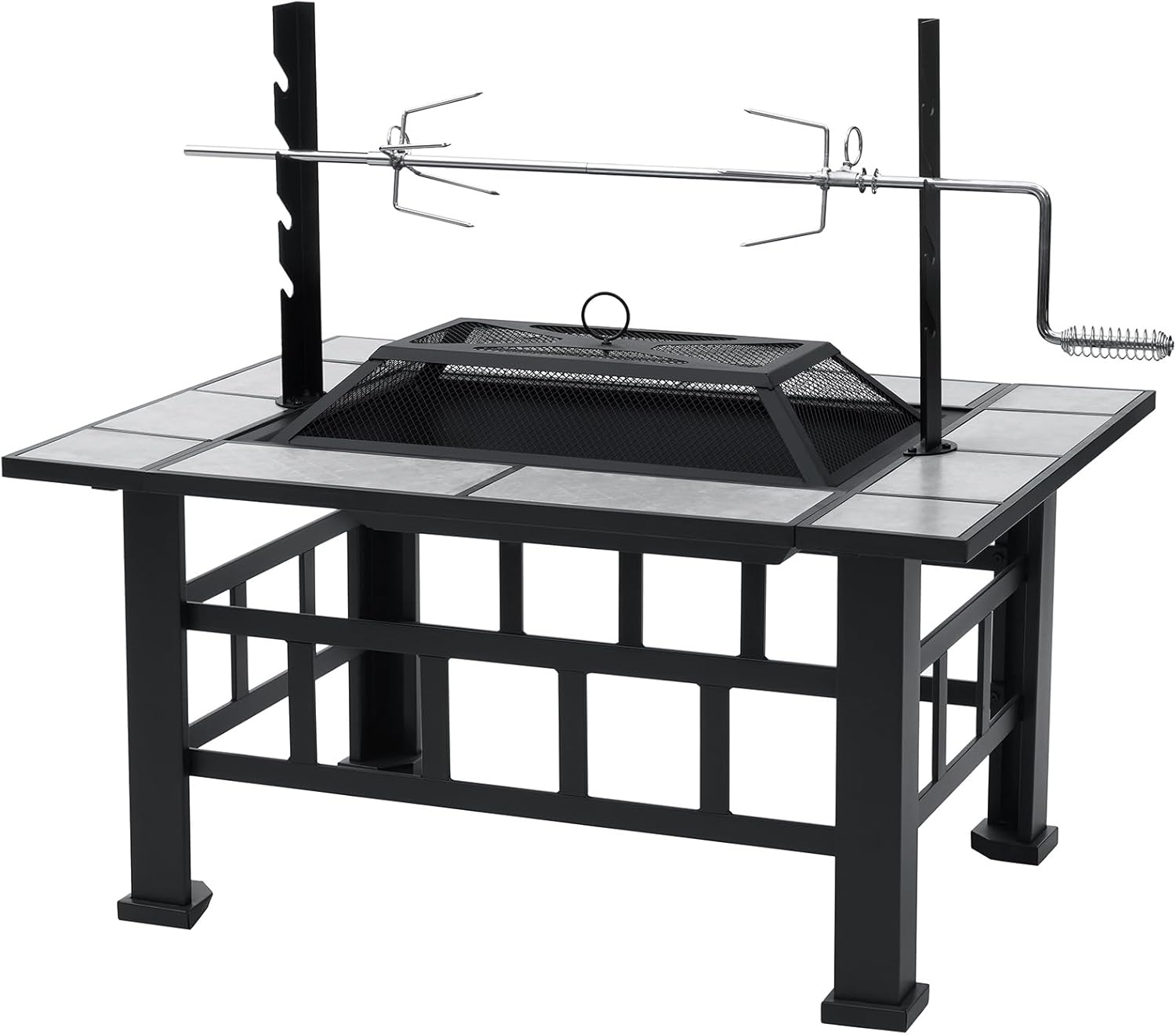 Fire Pit Table for Outside 37 Inch Square Firepits with Grill Large Wood Burning Heavy Duty Steel BBQ Bonfire Pit Outdoor Cooking with Spark Screen Log Grate Poker for Backyard Garden Camping