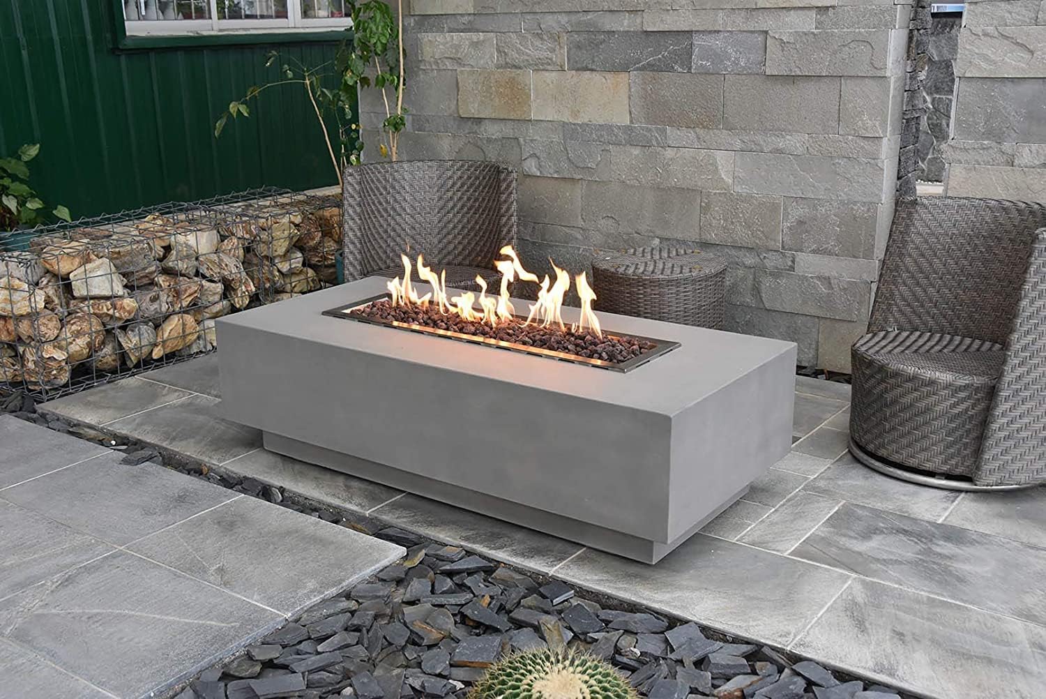 Elementi Granville Gas Fire Pit Cast Concrete Fire Table, Outdoor Fire Pit Electronic Ignition | Canvas Cover, Lava Rock Included | Free AMS Wind Guard | Light Gray (Natural Gas)