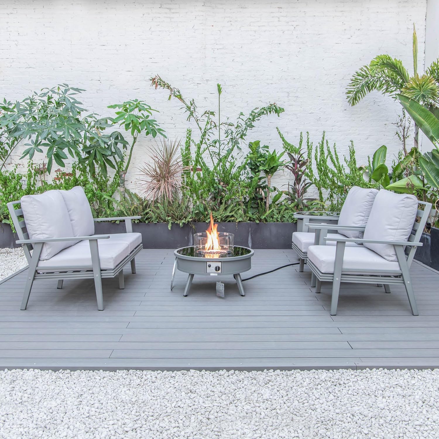 LeisureMod Walbrooke Modern Aluminum 5-Piece Patio Conversation Set with Outdoor Round Firepit Side Table Tank Holder, Light Grey