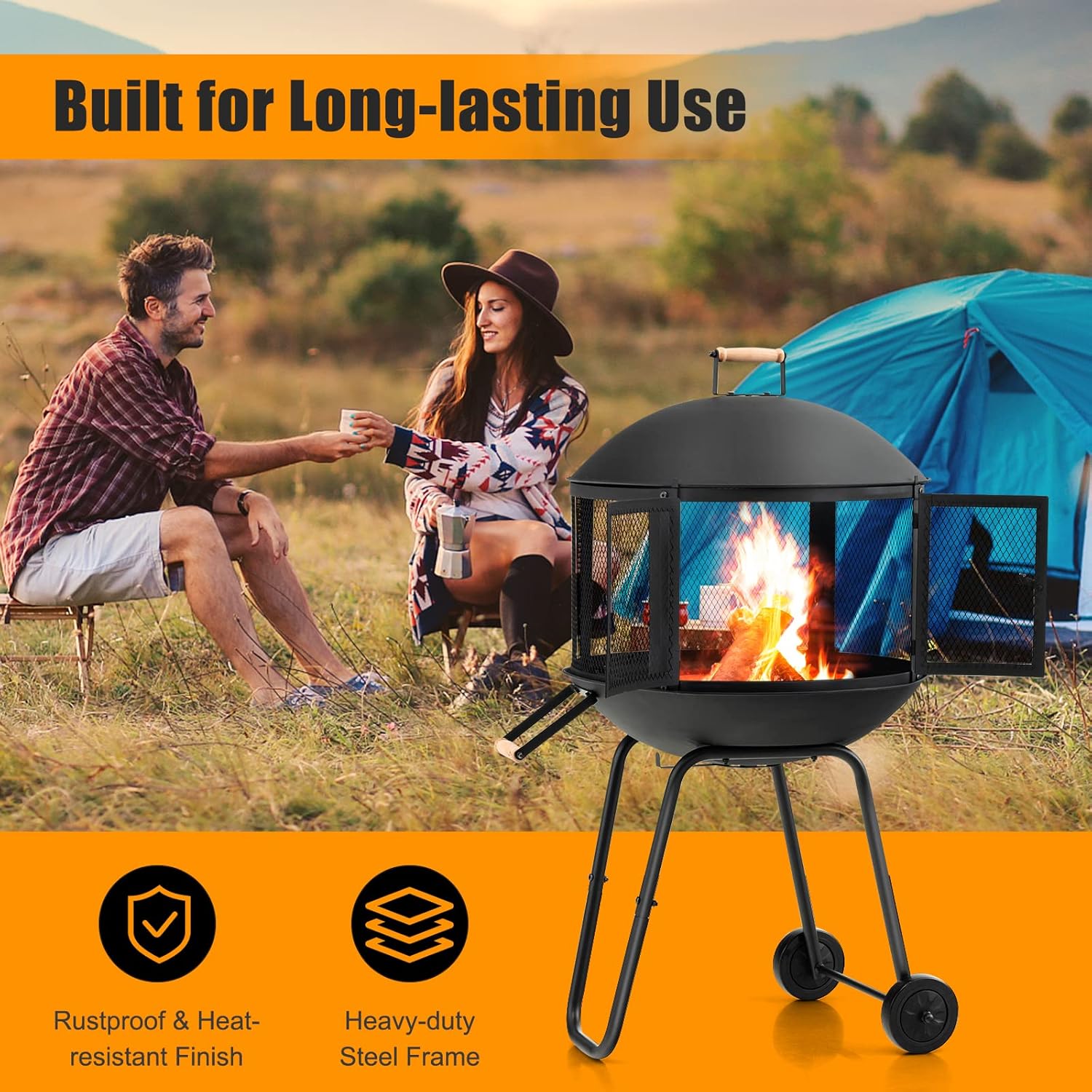 ORALNER Portable Fire Pit on Wheels, 27” Outdoor Wood Burning Firepit Cage w/Spark Screen Cover, Log Grate, Fire Poker, Steel Patio Firepit w/BBQ Grill for Outside Camping, Picnic, Backyard Bonfire