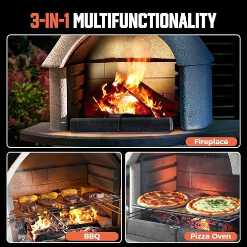 Concrete Outdoor Fireplace with Grill, Wood Burning Fireplace with Wood Storage and Chimney, Include Grill Rack & Charcoal Pan, 79.9”H