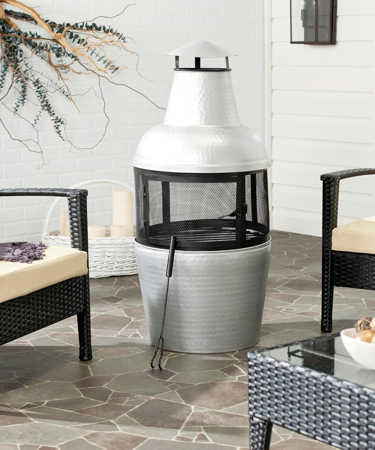 Safavieh Outdoor Collection Cartagena, Silver and Black Chiminea,