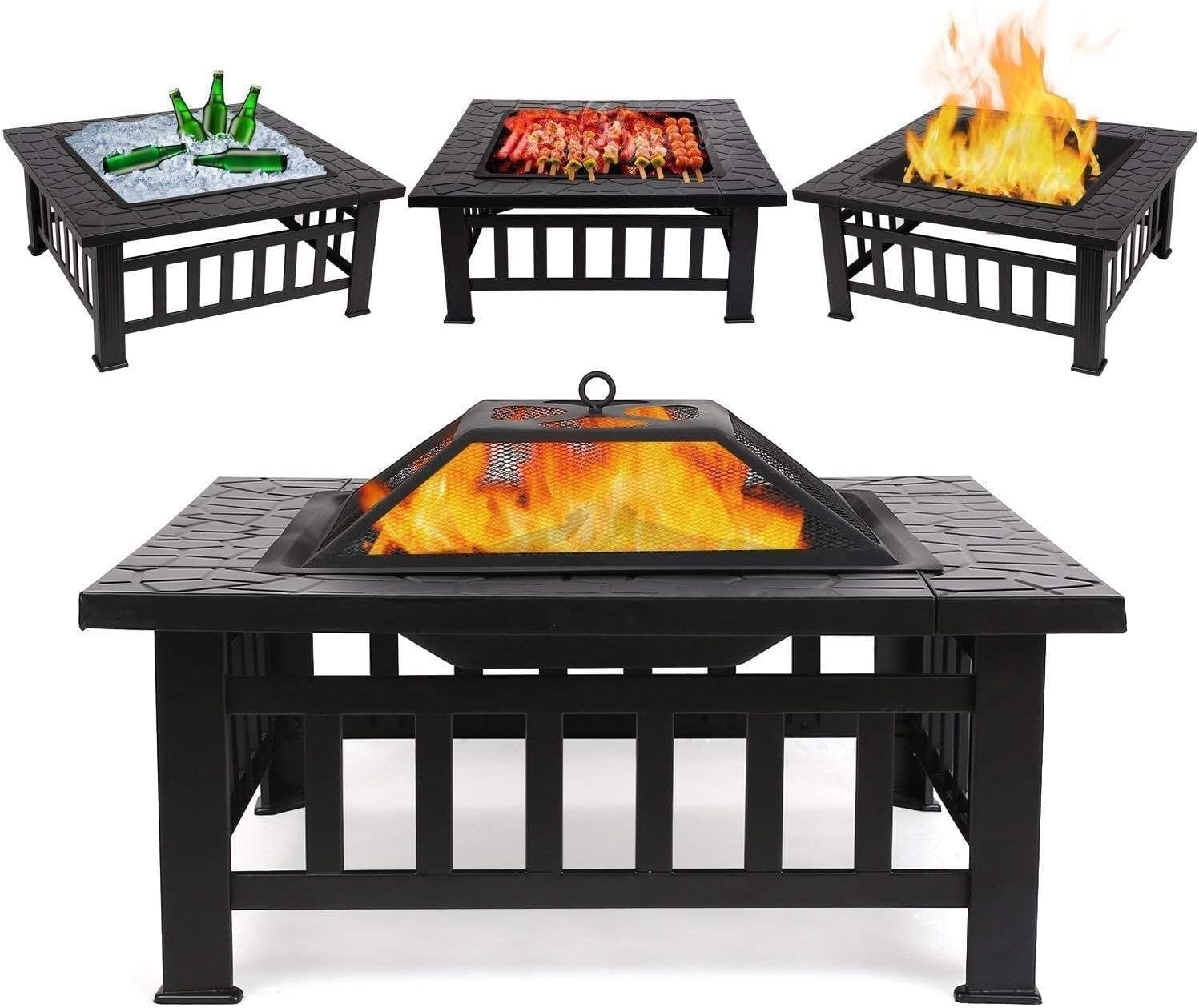 Fire Pit, Outdoor Brazier, Metal Square Patio Firepit Table BBQ Garden Stove with Spark Screen Cover Log Grate and Poker, Suitable for Outside Wood Burning and Drink Cooling