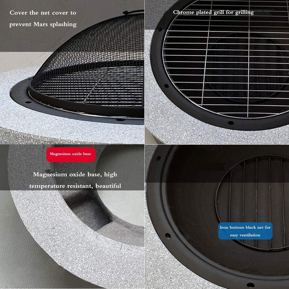 Outdoor Barbecue BBQ Grill Table,Raise Fire Pit Round Table,with/Deep Fire Bowl/Net Cover/Chrome Grilled Wire Mesh/Black Charcoal Tray