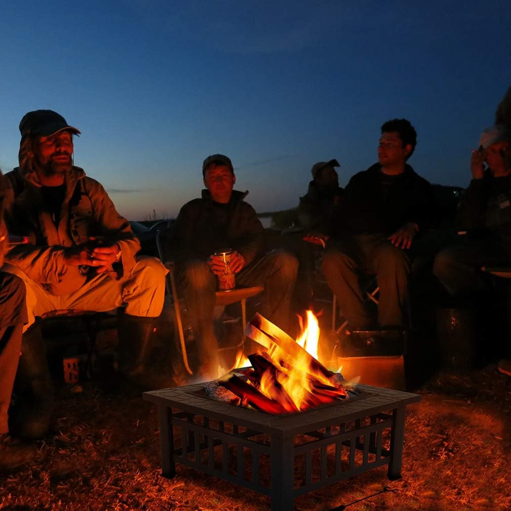 Outdoor Fire Pit 32 inch Square Metal Firepit for Patio Wood Burning Fireplace Garden Stove with Charcoal Rack, Poker & Mesh Cover for Camping Picnic Bonfire Backyard