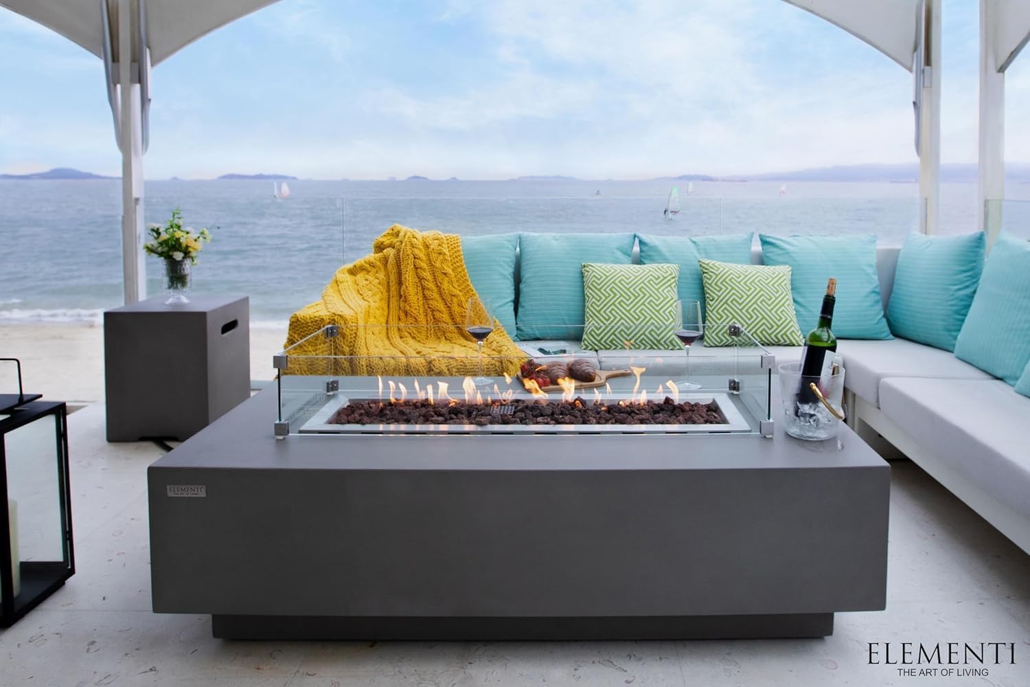 Elementi Granville Gas Fire Pit Cast Concrete Fire Table, Outdoor Fire Pit Electronic Ignition | Canvas Cover, Lava Rock Included | Free AMS Wind Guard | Light Gray (Natural Gas)