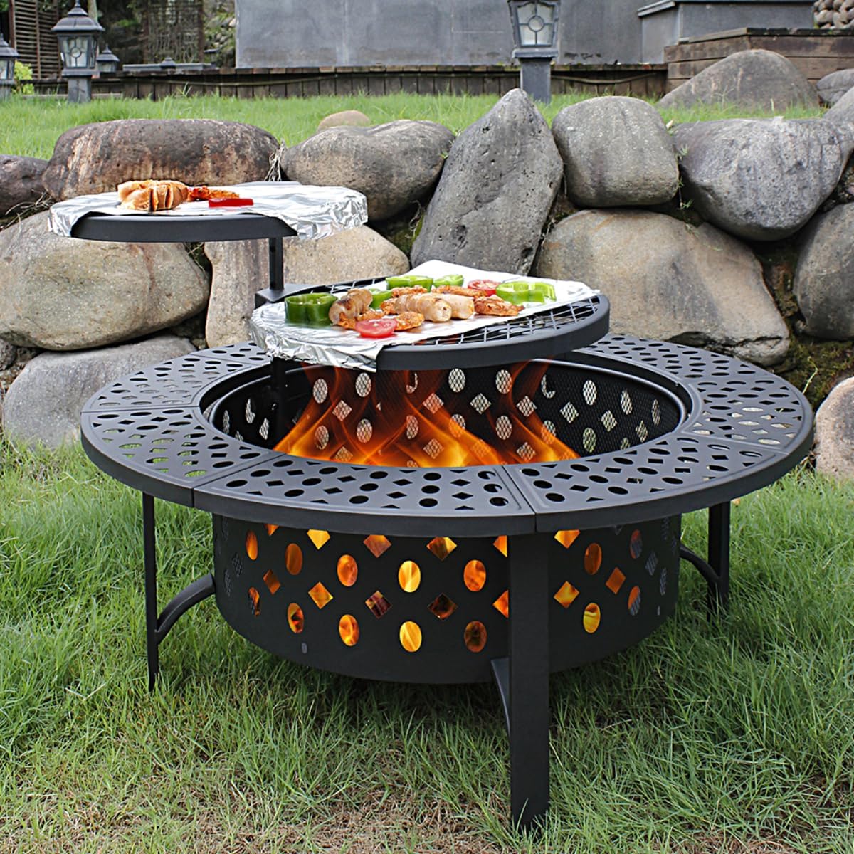 36 Inch Fire Pit with 2 Grills, Wood Burning Fire Pits for Outside with Lid, Poker and Round Waterproof Cover, BBQ& Outdoor Firepit & Round Metal Table 3 in 1 for Patio, Picnic, Party (BLACK 42 inch)