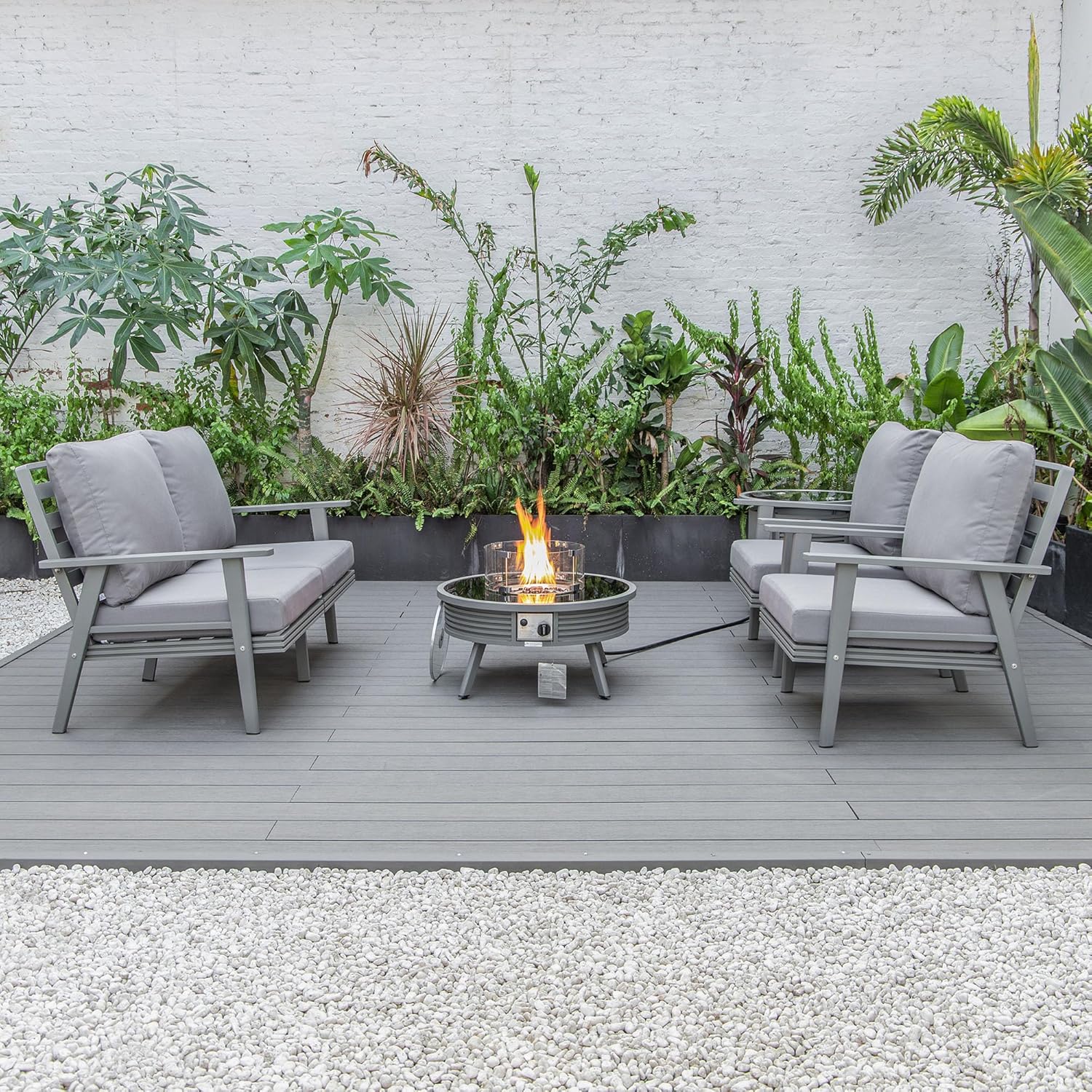 LeisureMod Walbrooke Modern Aluminum 5-Piece Patio Conversation Set with Outdoor Round Fire Pit Slats Design & Side Table Tank Holder, Grey