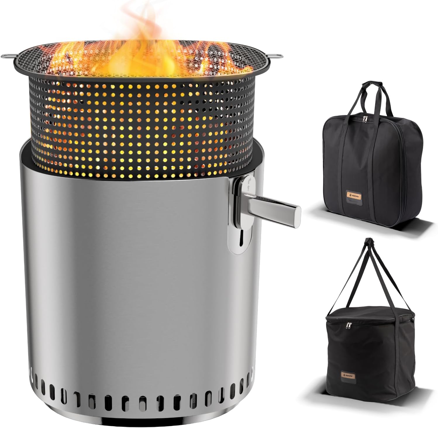 SUNBURY Smokeless Fire Pit for Outside w Grill Pan, Stainless Steel Adjustable Bonfire Wood Burning Fireplaces w Removable Ash Pan & Bag, 17in Large Outdoor Stove for Camping BBQ Family Gatherings