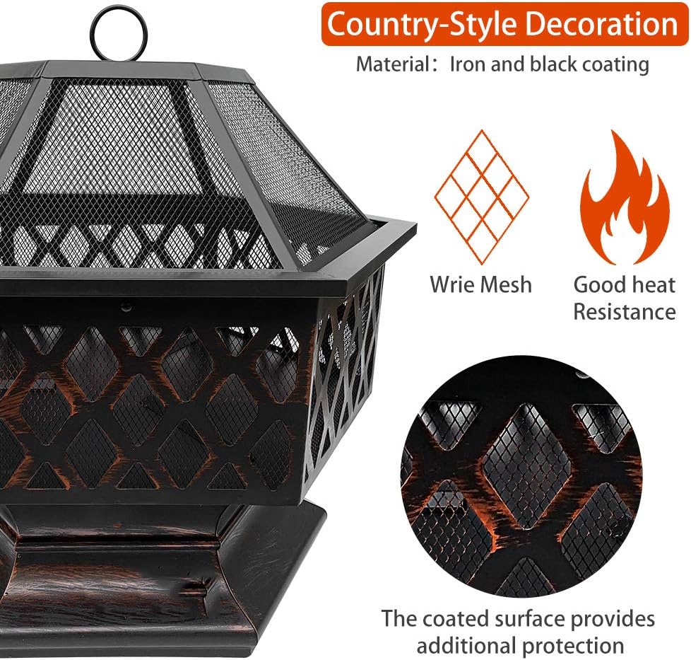 Steel Hexagonal Fire Pit, Outdoor Black Steel Garden Patio Heater Outdoor Garden fire Pit with mesh Cover Steel Firebowl Heater Burner