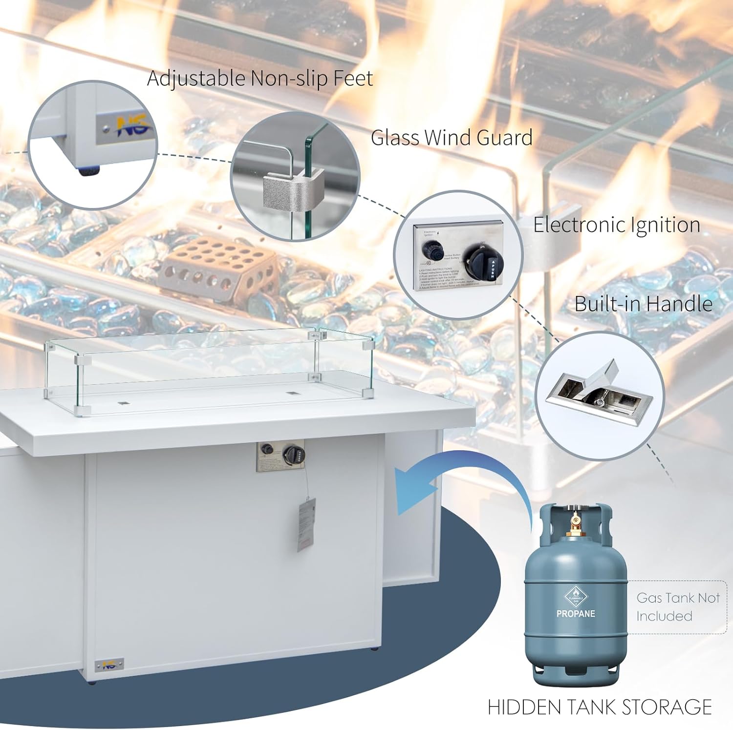 FINCATI Propane Fire Pit,43 Inch 50,000 BTU Aluminum Fire Outdoor Gas Fire Pit with Lid &Glass Beads & Wind Guard, Firepit Table for Outside Patio Balcony White