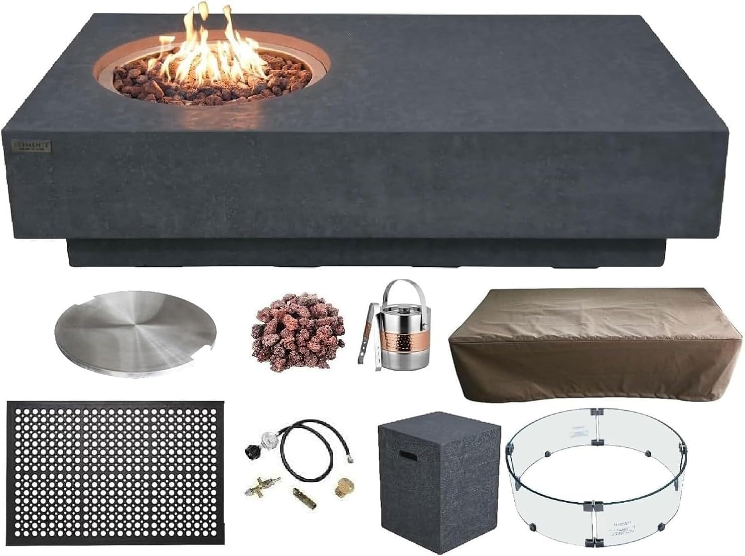 Elementi Metropolis Gas Fire Pit Bundle Concrete Fire Table, Outdoor Fire Pit Electronic Ignition | Canvas Cover, Lava Rock Included | Free AMS Wind Guard | Dark Gray (Propane Gas)