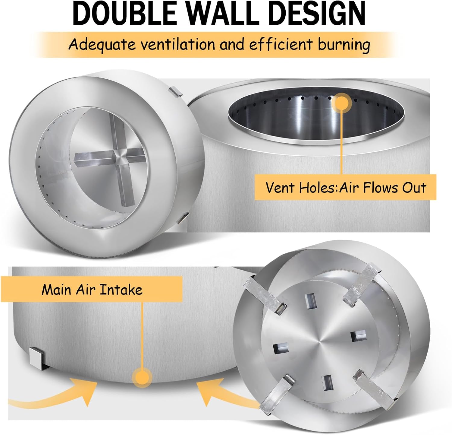 Smokeless Fire Pit, Portable Outdoor Carbon Steel Stove, Picnic Camping Backyard Campfire Pit, Large Wood Burning Fire Pit Stainless Steel Silver, 28.5 Inch