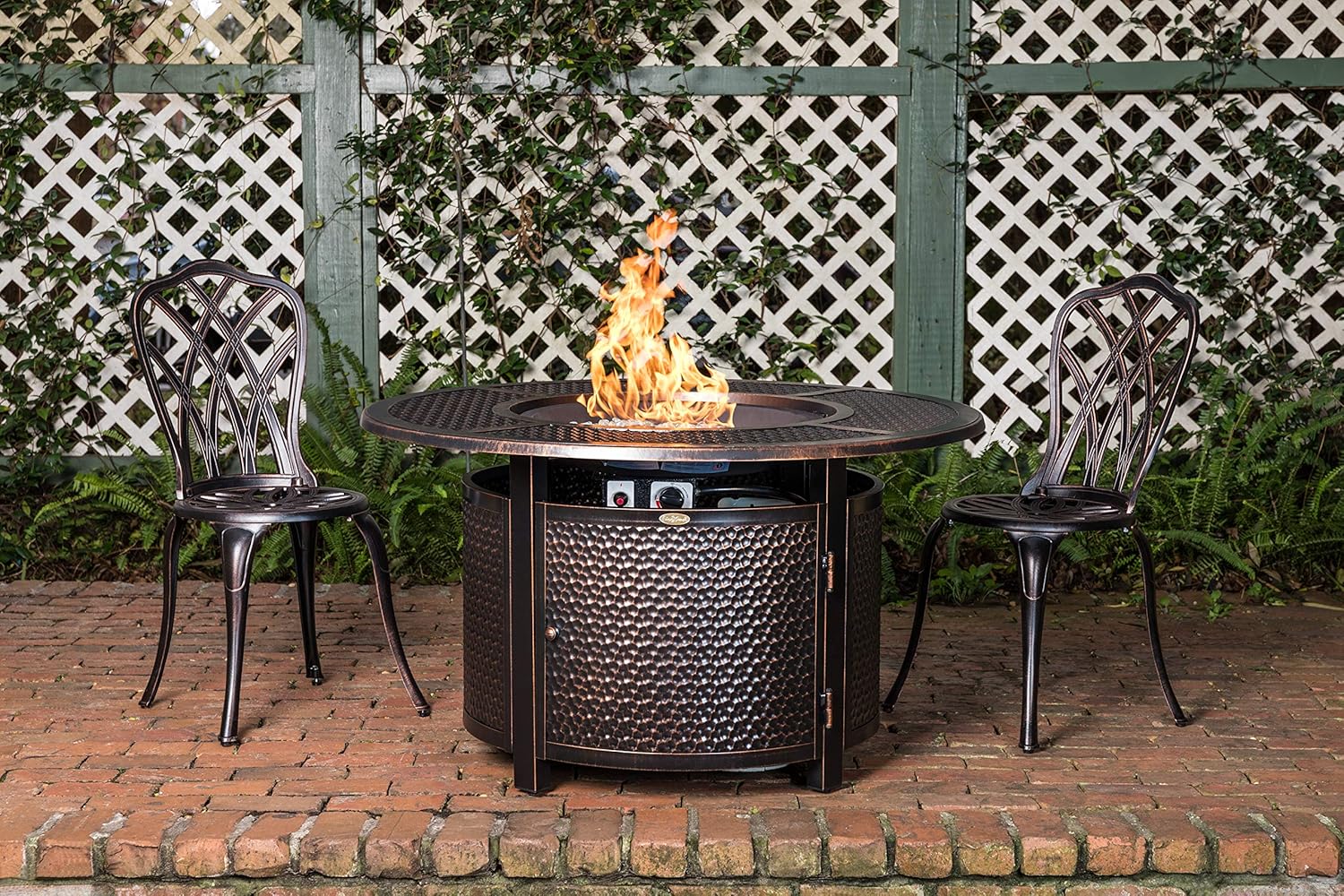 Fire Sense 62360 Briarwood Hammered Aluminum Convertible Gas Fire Pit Table 55,000 BTU Multi-Functional Outdoor with Fire Bowl Lid, Nylon Weather Cover & Clear Fire Glass- Bronze Finish - Round - 44