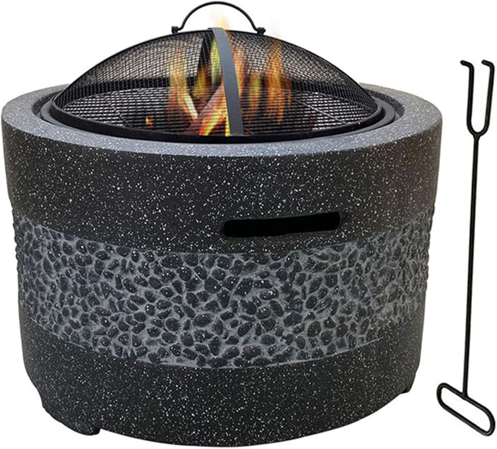 Small Fire Pit, Outdoor Fire Pit Bowl & BBQ Grill Round Shaped,Edging of Artificial Stone for Outside Patio, Decking