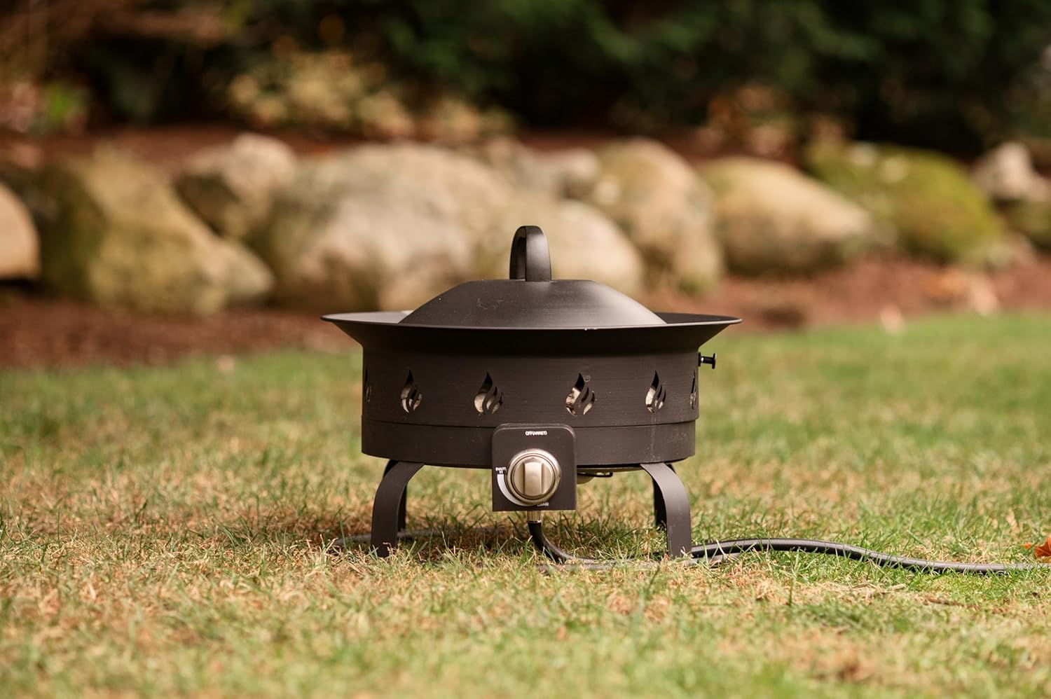 Global Outdoors Portable Propane Fire Pit, 19-inch, 54,000 BTU Smokeless Fire Bowl with Auto Ignition, Lid, Pumace Stones, Stand