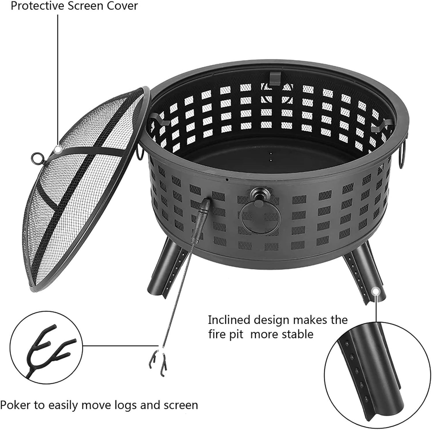 Garden Fire Brazier Portable Courtyard Metal Fire Pit Round Lattice Fire Bowl Black