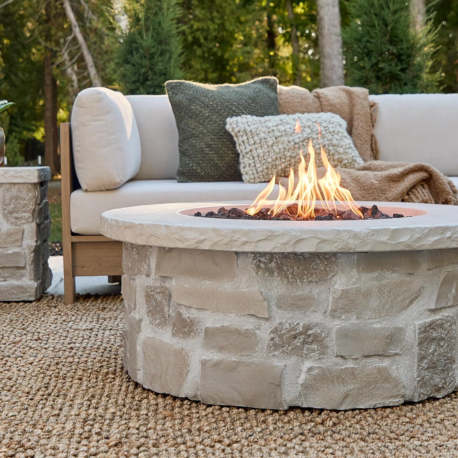 Real Flame Scottsdale 40” Round Stone Propane Fire Pit Table, 50000 BTU Outdoor Gas Fireplace for Outside Patio Backyard Deck and Garden, Includes Storage Cover and Lava Rock Filler