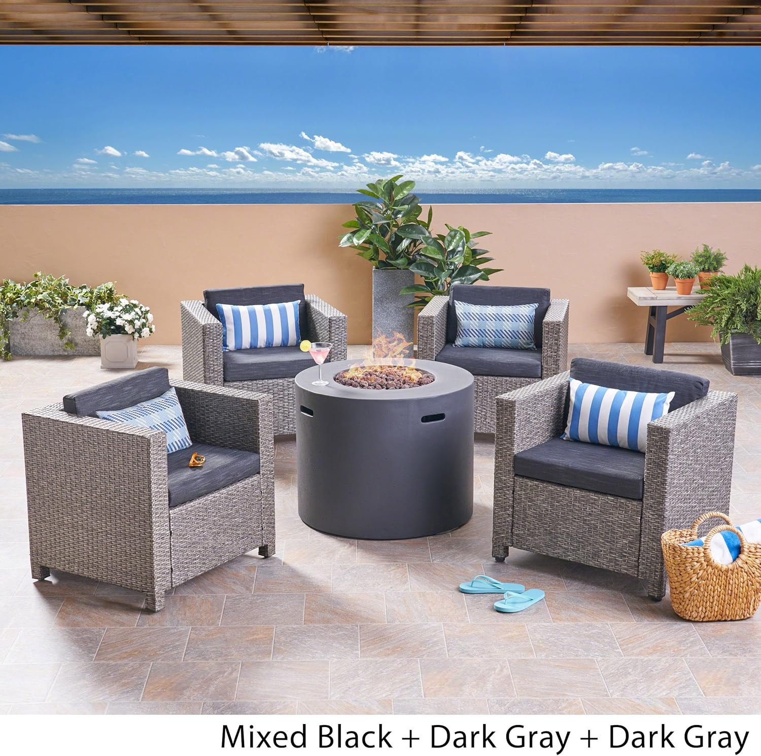 GDFStudio Outdoor 4 Piece Club Chair Set with Round Fire Pit, Mixed Black and Dark Gray