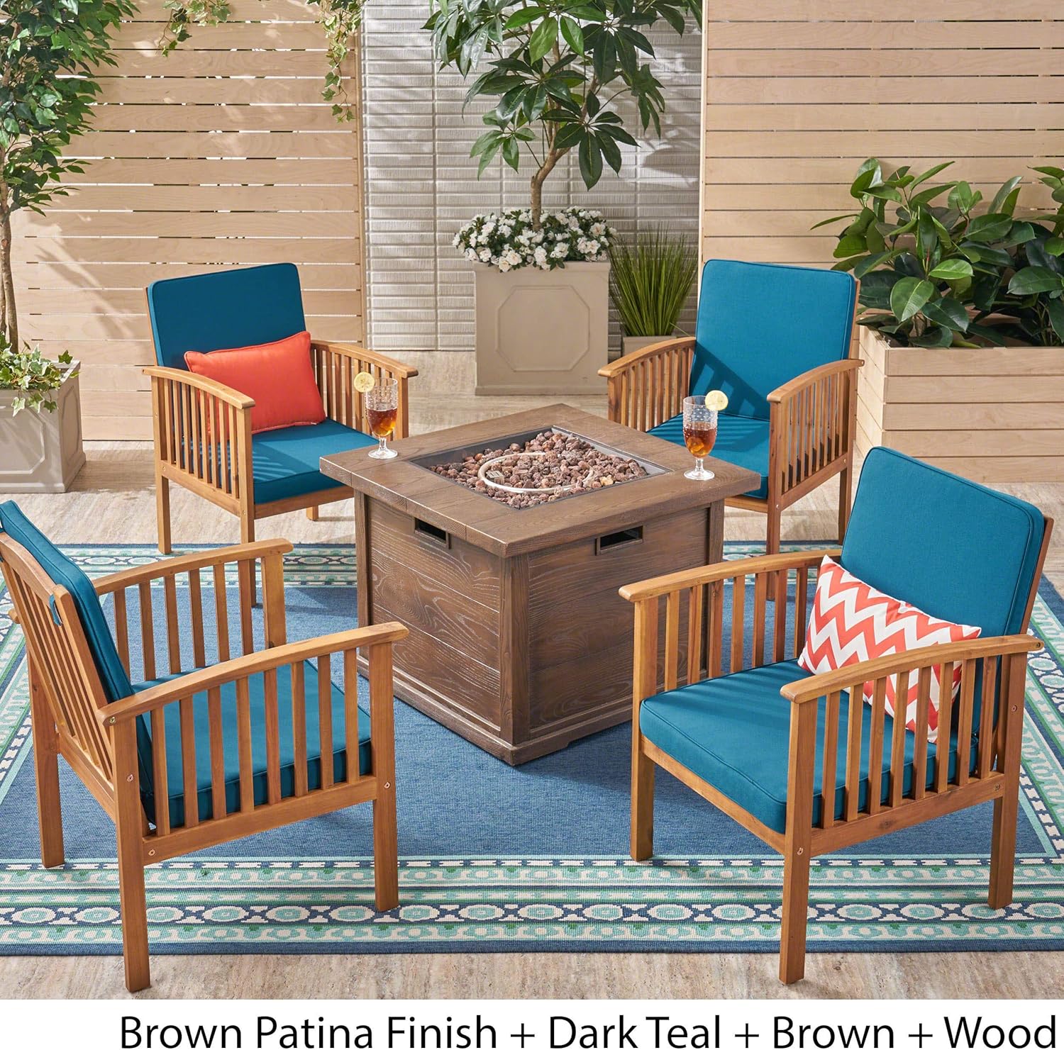 GDFStudio Outdoor 4-Seater Acacia Wood Club Chairs with Firepit, Brown Patina Finish and Dark Teal and Wood Pattern