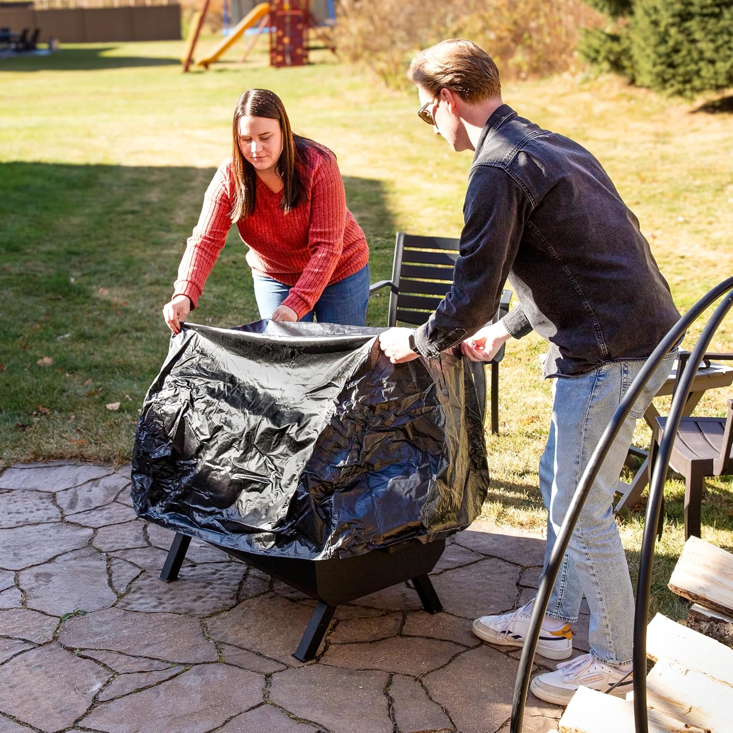 Sunnydaze 36-Inch Steel Outdoor Fire Pit with Grill and Spark Screen - PVC Protective Cover - Heat-Resistant Finish - Black