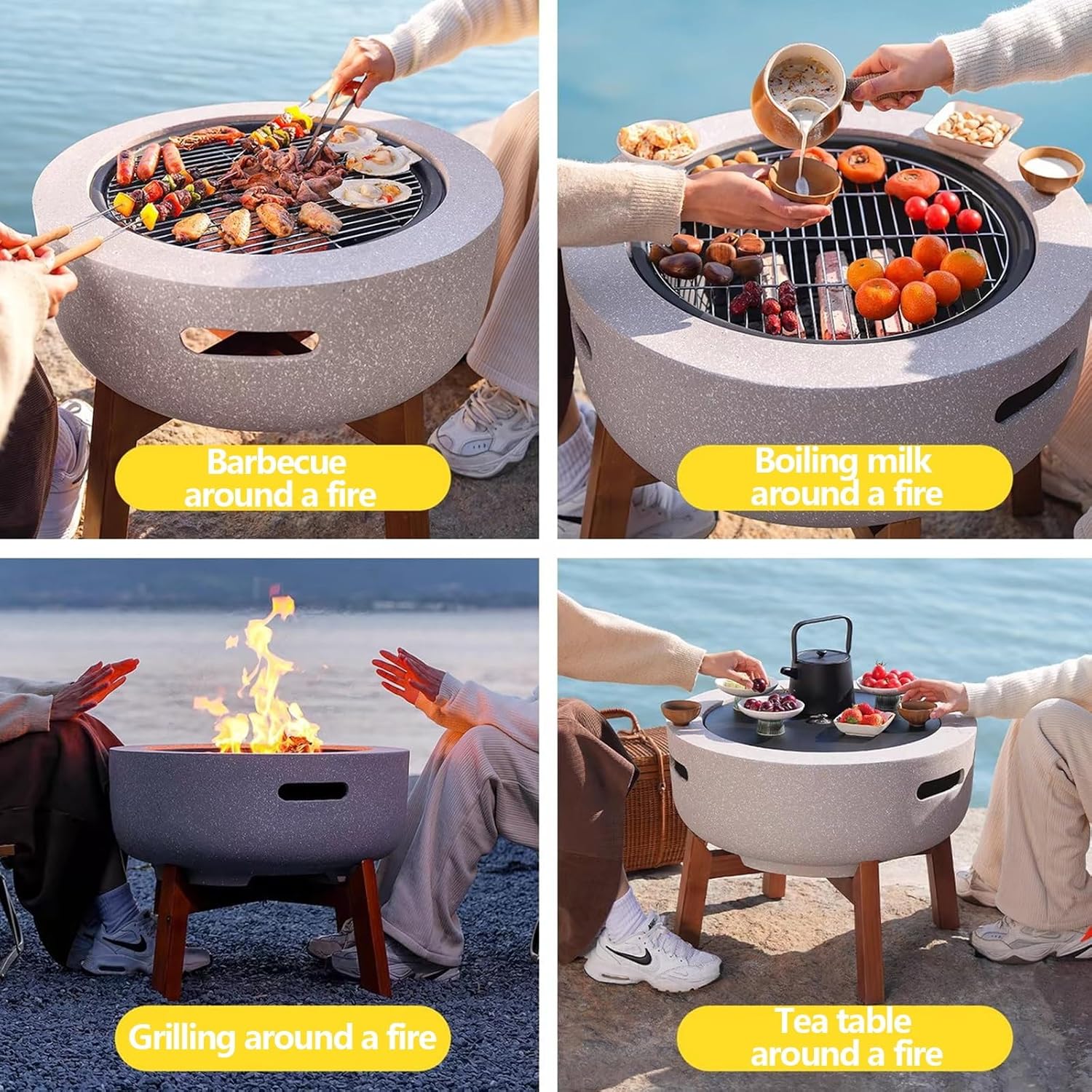 Concrete Fire Pit Table 23.6 Inch Round Wood Burning and Charcoal Grill with Spark Screen and Poker Modern Outdoor Fire Pit for Patio Garden Backyard BBQ and Heating