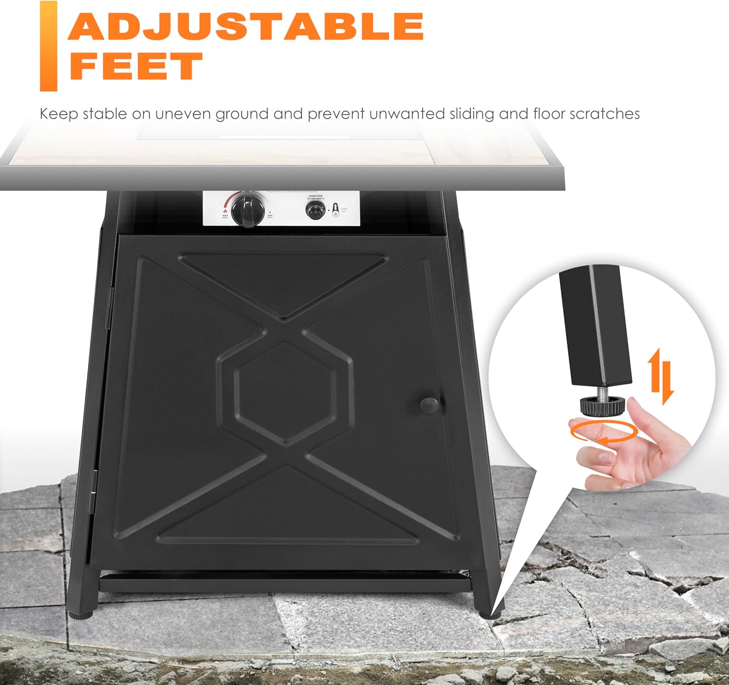 NUU GARDEN 5-Piece Patio Furniture Set with Fire Pit Table, 28'' 50,000 BTU Propane Gas Cabinet Fire Pit Table with Cover and 4 Dining Swivel Chairs with Padded Cushions, Black and Beige