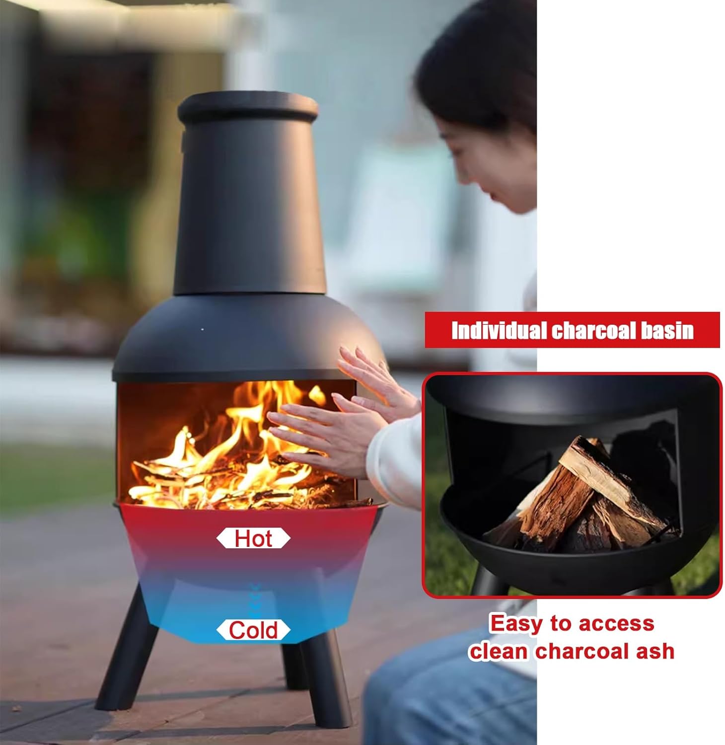Chiminea, Outdoor Wood Burning Firepit, Fireplace for BBQ & Warming, with Grill Mesh, Chimney & Firewood Rack, for Patio, Garden, Backyard