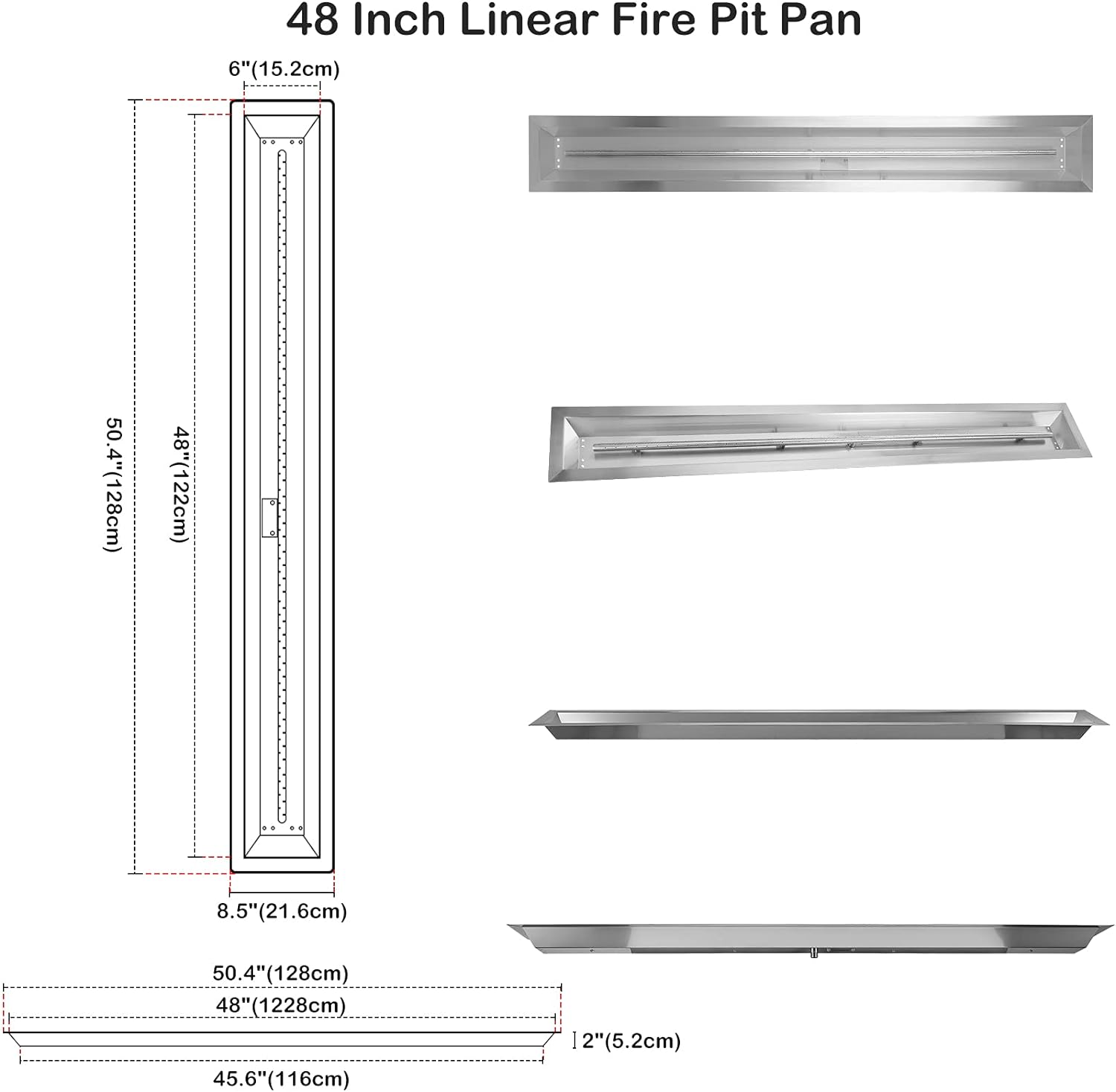 Stanbroil 48 by 6-Inch Drop-in Linear Trough Fire Pit Burner, 304 Stainless Steel Gas Fire Pit for Outside, BTU 91,000 Max