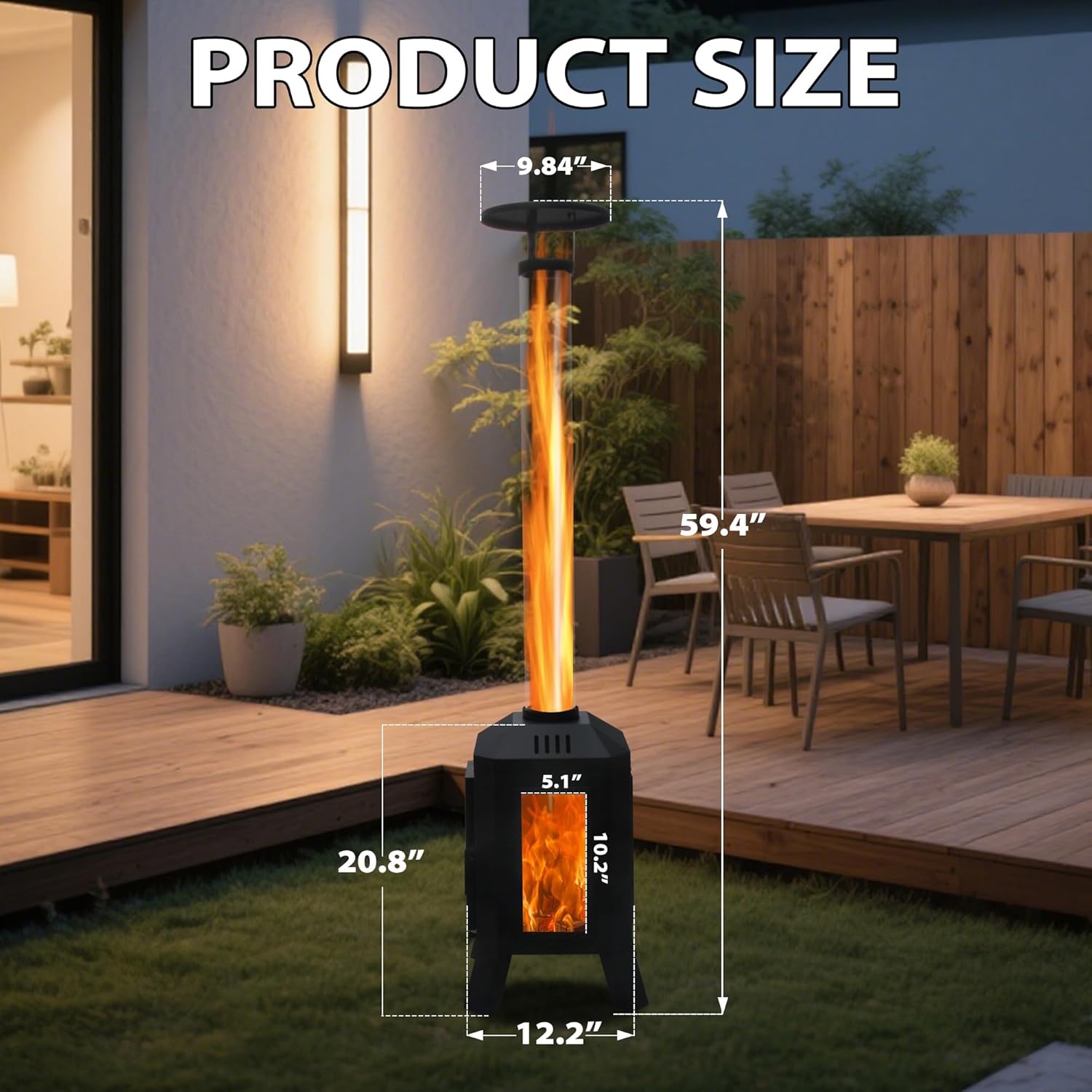 Wood Burning Patio Heater with Glass Viewing Window, Glass Tube, Fire Pits for Outside Wood Burning, Outdoor Fire Pit for Backyard, Patio