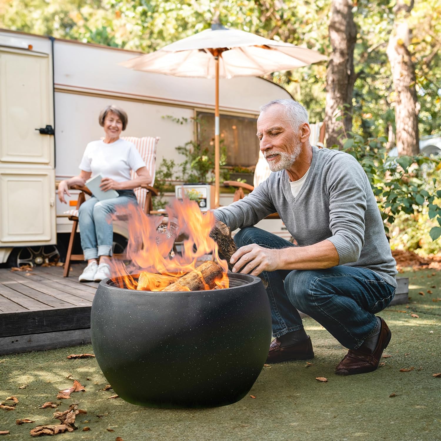 Outdoor Fire Pit - 24” Round Faux Concrete Firepit - Wood Burning Fire Pit with Poker, Screen, Cover - Wood Fire Pits for Outside Patio by Pure Garden