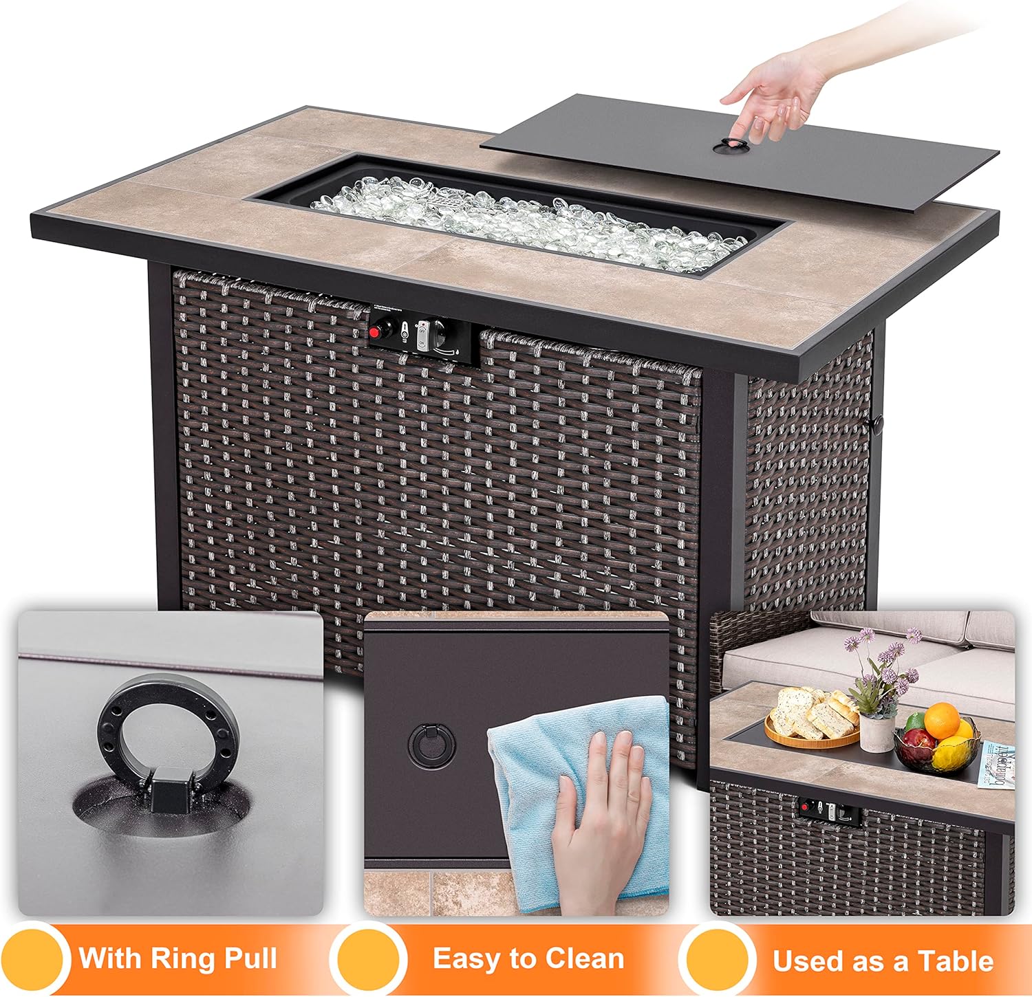 Nuu Garden Outdoor 43 Inch 50,000 BTU Propane Gas Fire Pit Table, Propnae Fire Pit with Ceramic Tabletop, Oxford Cover, Dark Brown and Coffee