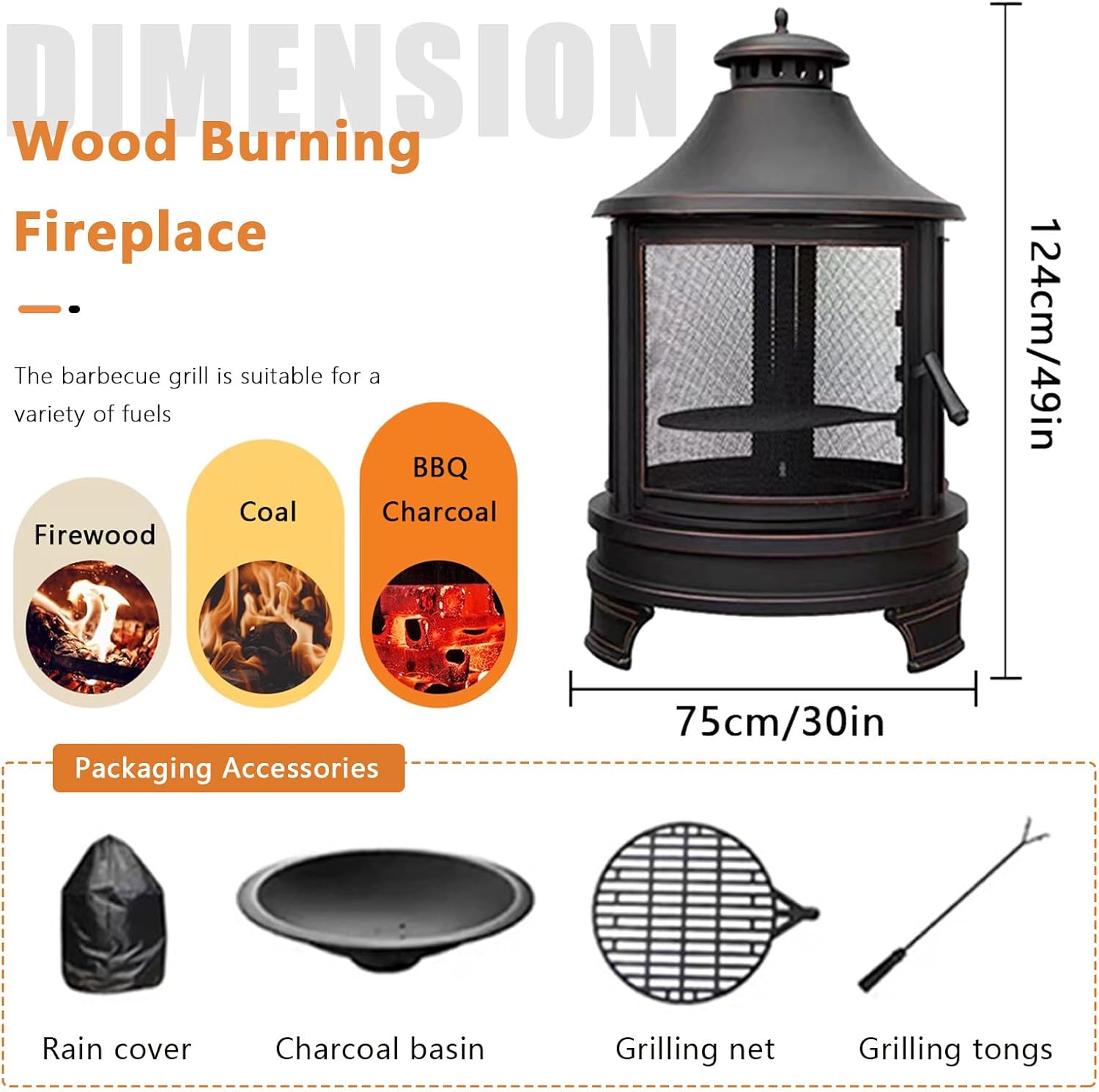 30in Fire Pit Outdoor Wood Burning Firepits Outdoor Fireplace with Cooking Grill Grate & Poker Fire Bowl, Patio Firepit for Garden, Backyard, BBQ