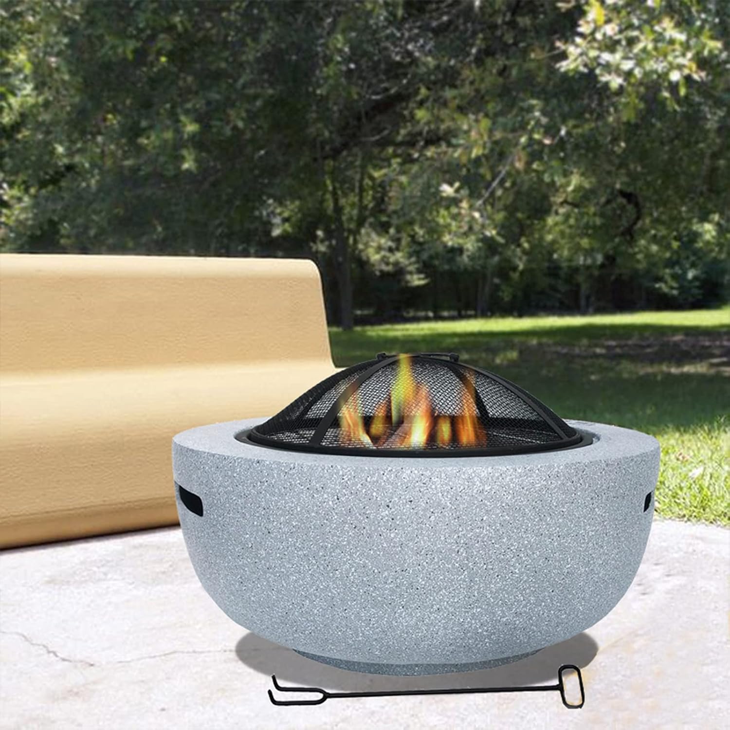 Garden Fire Pit Backyard Patio Fireplace BBQ Grill Bowl Wood Burning Fire Pit Concrete Round with Grill Grate 3 in 1 Fireplace for Bonfire Barbecue in The Wild