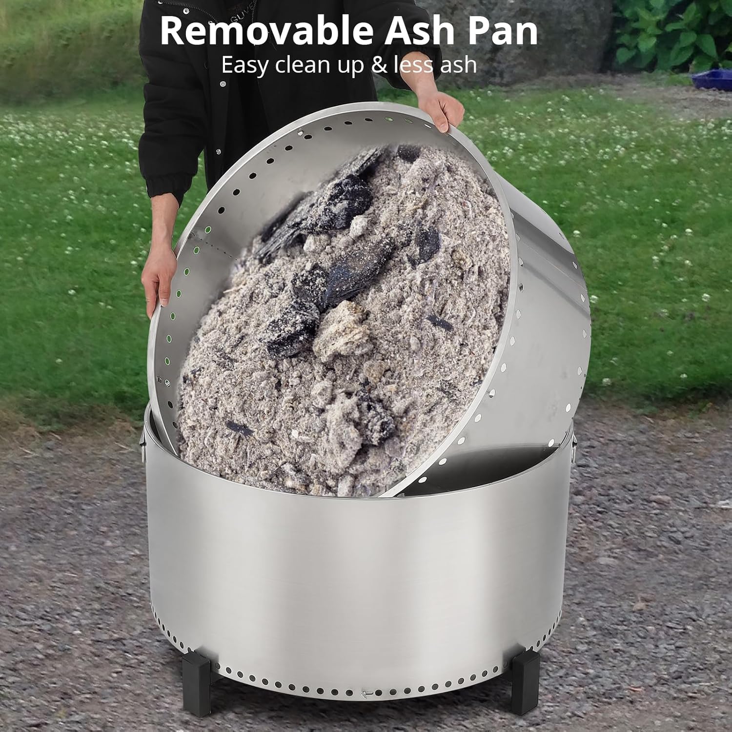 Portable Smokeless Firepit for Wood Burning, Removable Ash Base, Stainless Steel, Outdoor Fire Pit with Stand and Carrying Handel for Camping or Backyard Party
